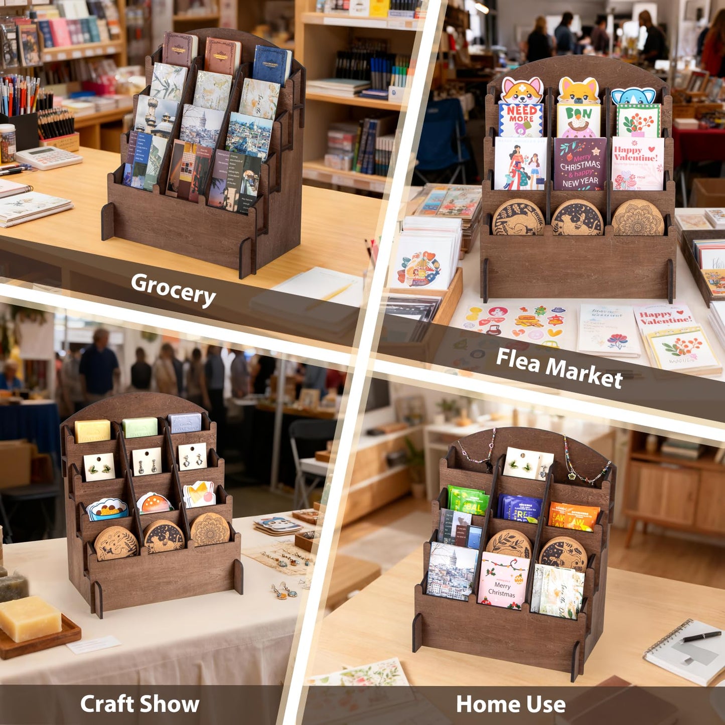 Wooden Sticker Display Stand, Sticker Holder Display Organizer with 12 Pockets for Greeting Card, Postcard, Coaster, Bookmark, Brochure, Vendors, Retail, Brown