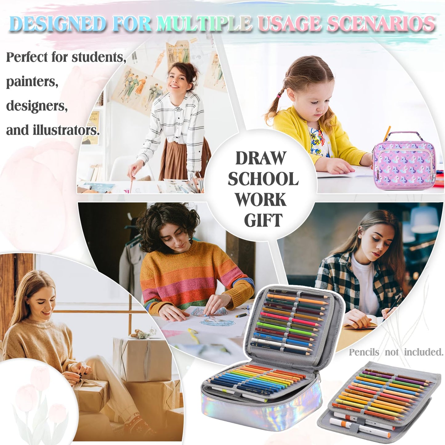 Pencil Case, VONXURY Large Capacity Pencil Pouch Holder Portable Pen Organizer with 2 Detachable Layers 54 Slots Multiple Zipper Bag for School Office College