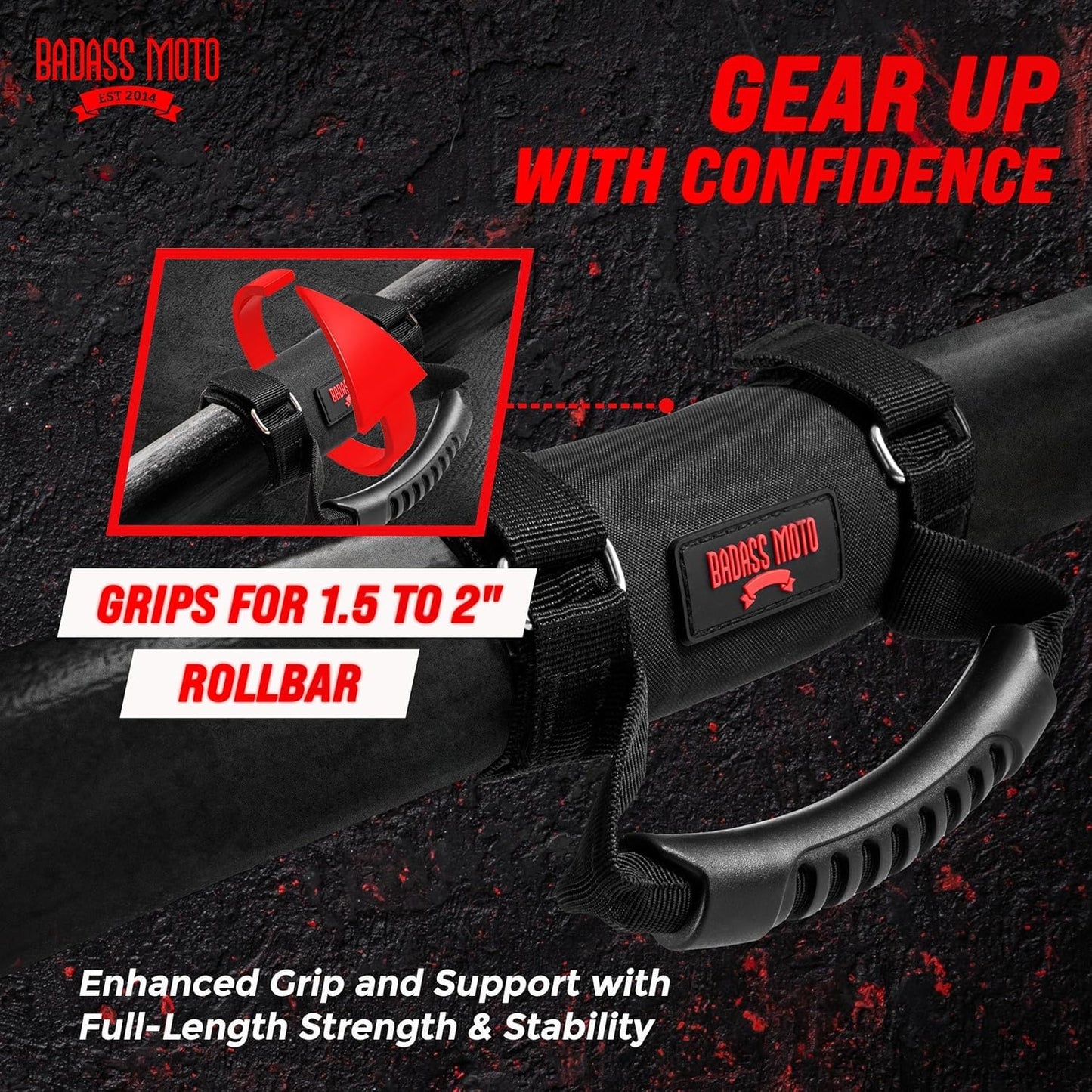 Badass Moto Roll Bar Grab Handles - SXS, ATV, & UTV Grab Handles Grips for 1.5 to 2" Rollbar - Black & Red Hand Grip Grabs with Stainless Steel Buckles for Honda, Teryx, Can-Am, Polaris, More. 2 Pack