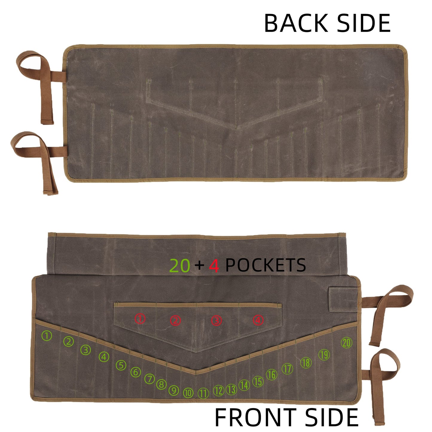 Wrench Roll Up Pouch, Heavy Duty Waxed Canvas Tool Bag Tool Organizer Roll With 20+4 Pockets (Brown)