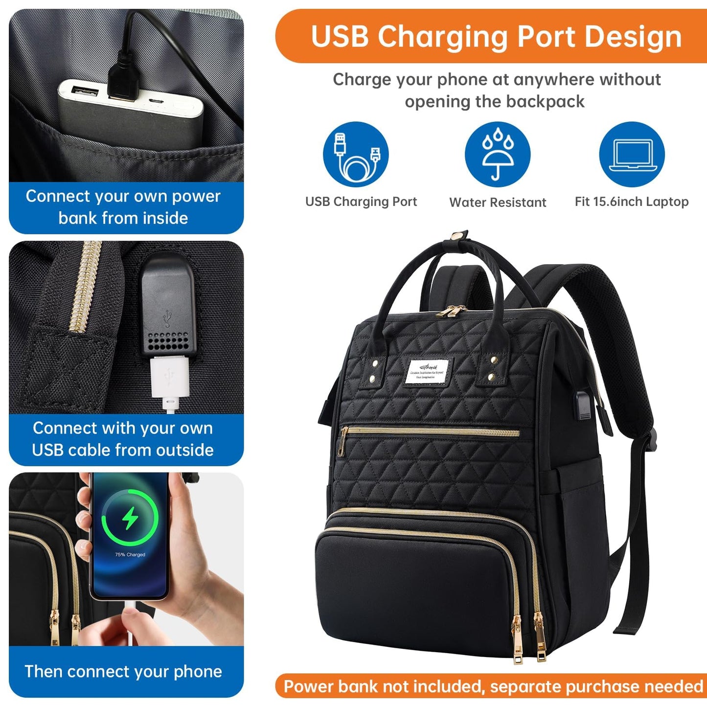 ETRONIK Lunch Backpack for Women, 17.3 in Laptop Bag with USB Charging Port, Teacher Nurse Work Backpacks Insulated Cooler Bag Gifts Women Men Travel, Black
