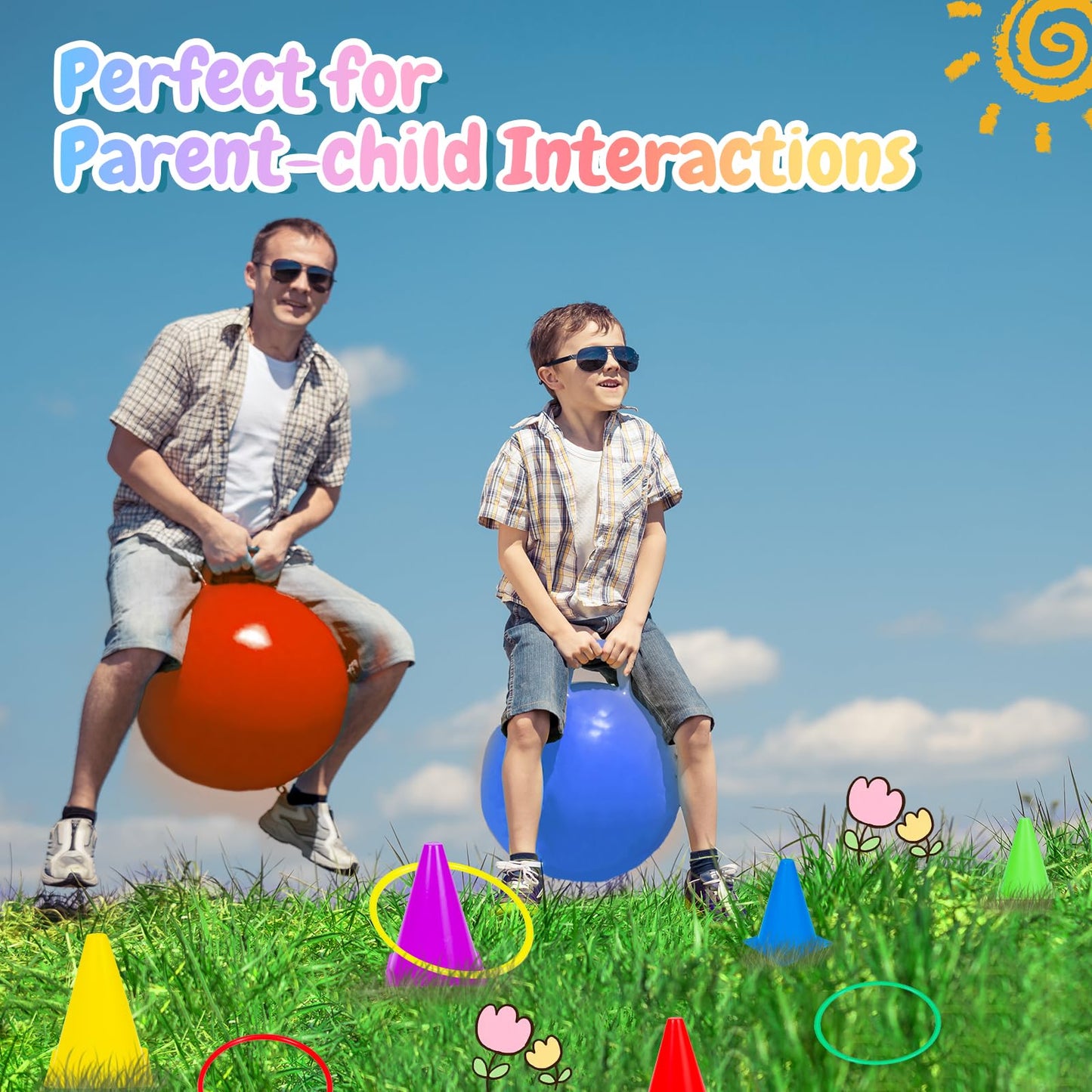 4 in 1 Carnival Outdoor Games Combo Set for Kids with 2 PCS Hopper Balls, 18 inch Bouncy Ball with Handle & Soft Plastic Cones & Bean Bags Ring Toss Game, Gift for Family Birthday Party Backyard Games