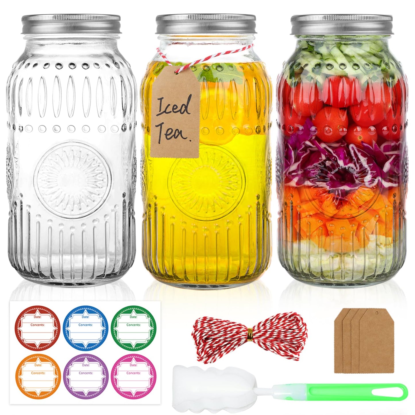 HINGWAH Wide Mouth Mason Jars 64 oz, 3 Pack Large Half Gallon Mason Jars with Airtight Lids and Bands, Clear Glass Canning Jars for Preserving, Pickling, Canning, Meal Prep & DIY Crafts (Sunflower)