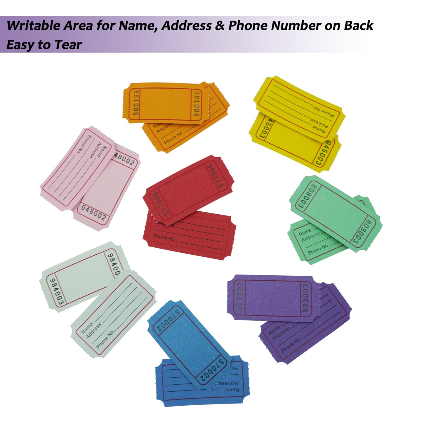 DNB 16000 Pcs Raffle Tickets - 8 Color Set of 2000 Pcs 2 x 1 Inch Single Roll Consecutively Numbered Blank Tickets - Pink/Red/White/Green/Blue/Yellow/Orange/Purple