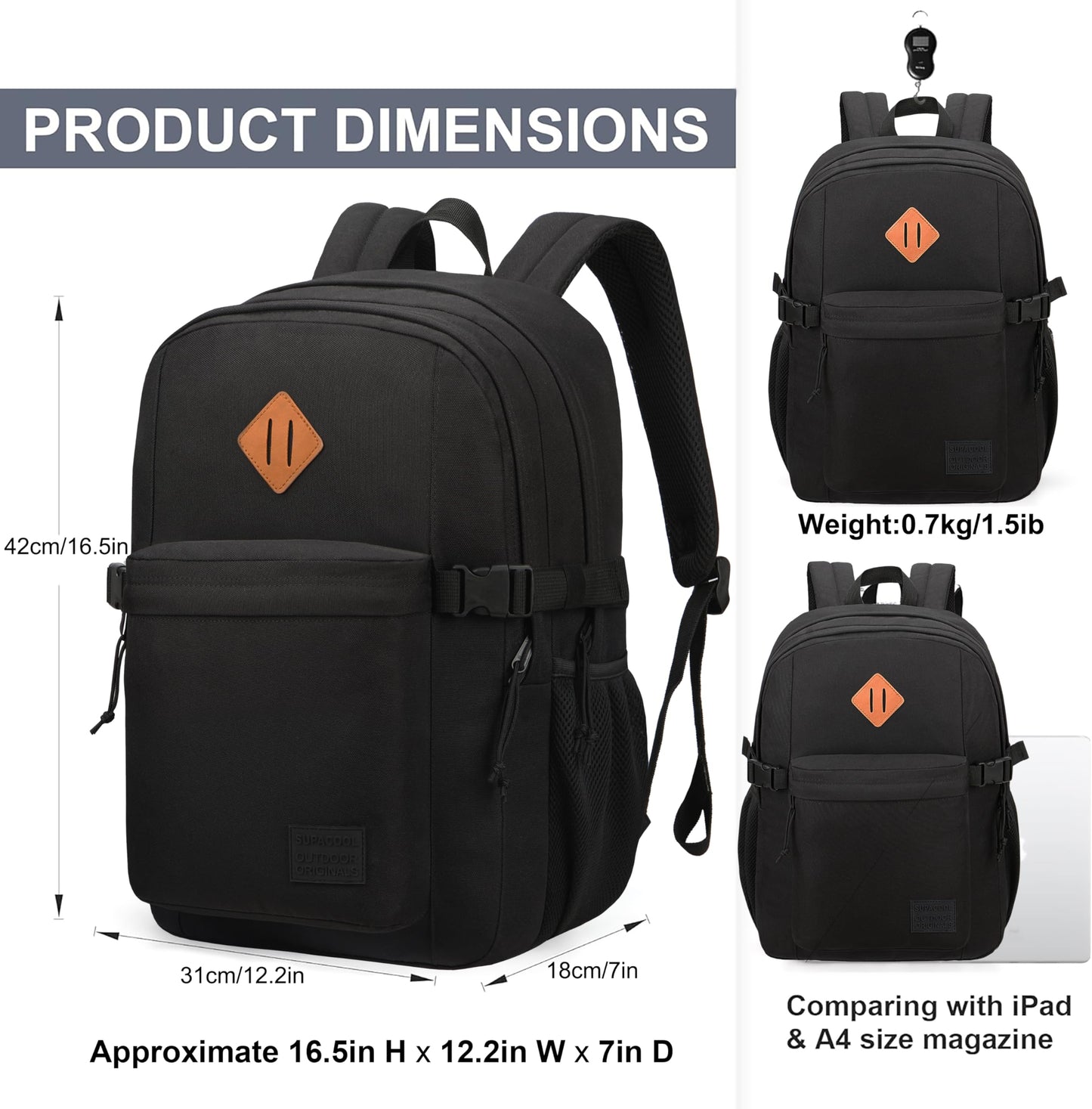 SUPACOOL Lightweight Casual Backpack for Men and Women, Travel Backpack, Large Backpack for Boys and Girls, black, Mittelgroße
