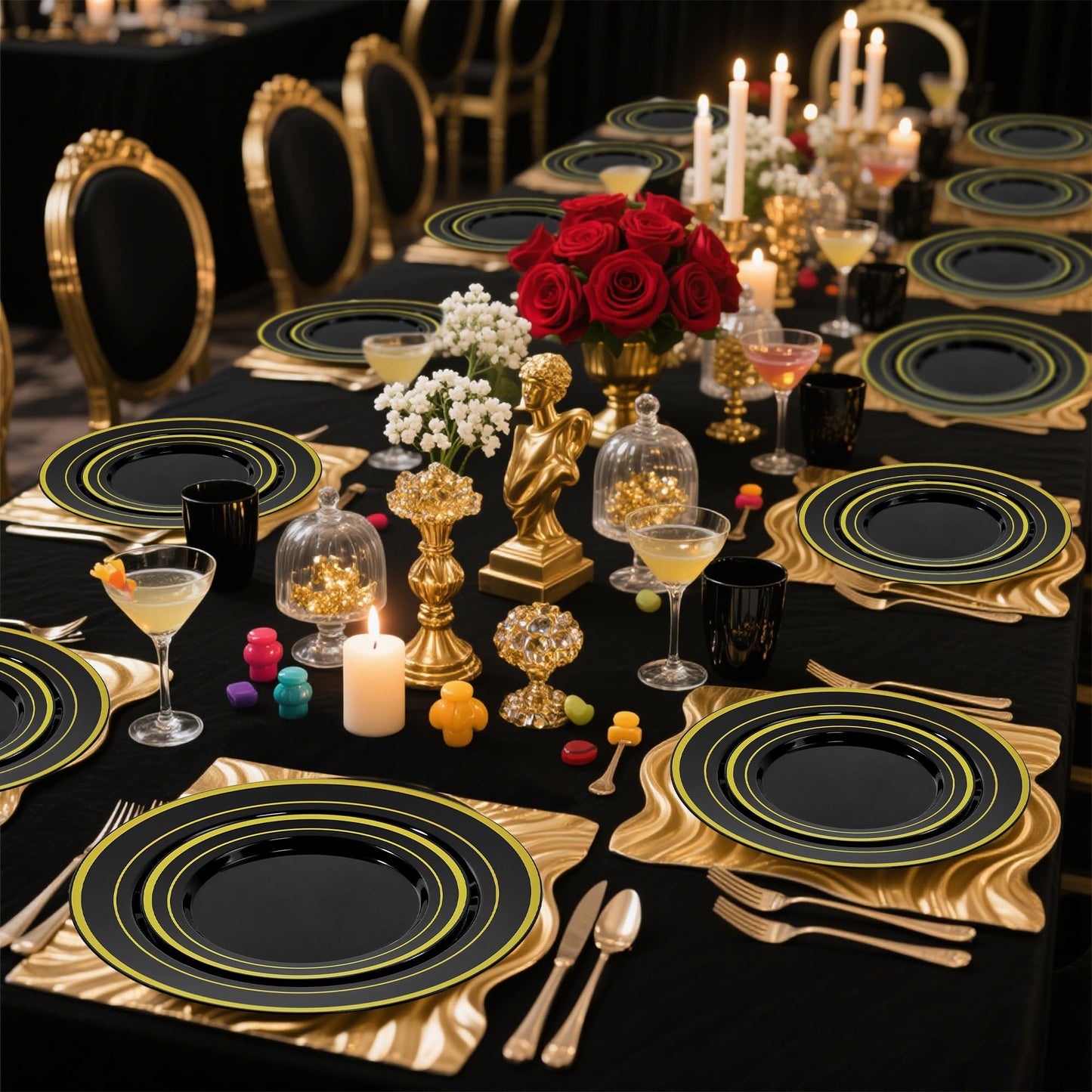 ROCOHANTI 100 PCS Black and Gold Plastic Plates, Disposable Party Black Plates Include 50 Dinner Plate and 50 Dessert Plate Perfect for Holiday, Birthday, Graduation, Wedding & Party