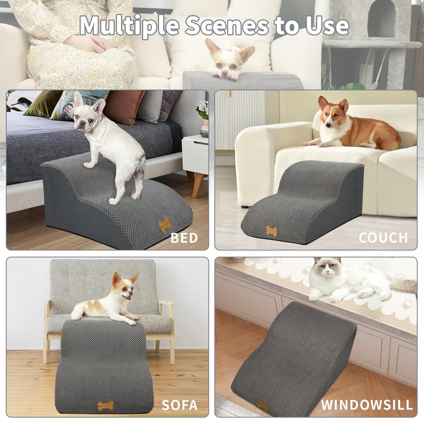 Nepfaivy Dog Stairs for Small Dogs - Pet Steps for Bed and Couch, Anti-Skid Dog Ramp with Removable Cover for Short-Legged Dogs, Arthritic Dogs or Senior Dogs, Grey, 2 Steps