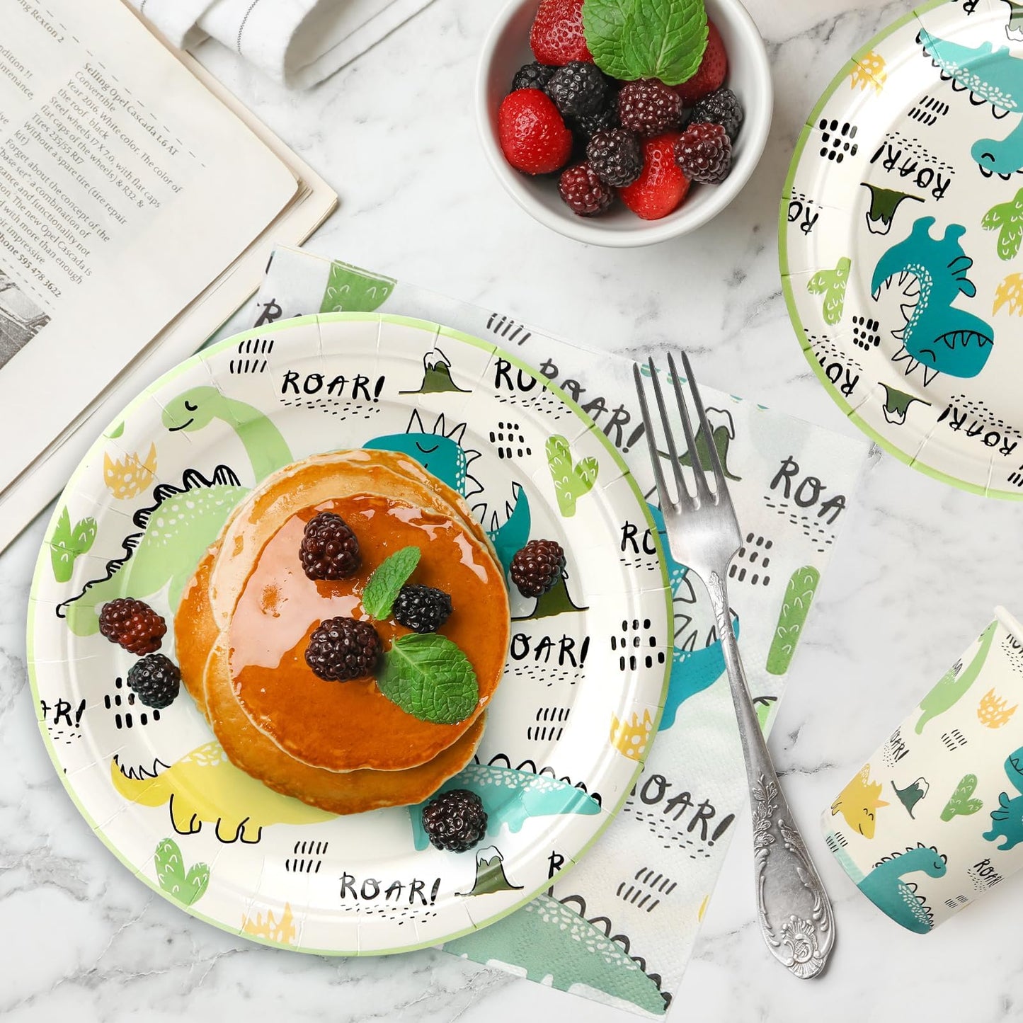 UVTQSSP 96 Pcs Party Plates and Cups and Napkins Sets, Dinosaur Theme Birthday Plates and Napkins Party Supplies, Disposable Tableware Sets, Serve for 24 Guests, Roar Dino, Cute
