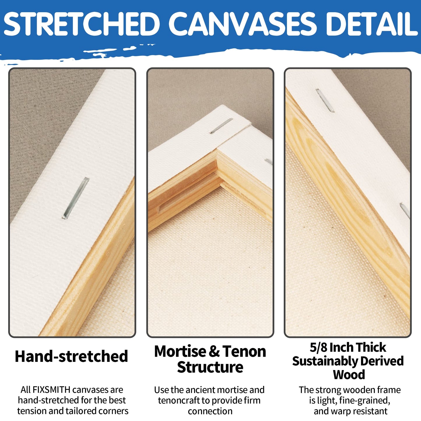 FIXSMITH 24 Pack Canvas for Painting, Multi Pack - 4x4", 5x7", 8x10", 9x12", 11x14", 12x16", Round Canvas 12x12", 8x8" (3 of Each), 100% Cotton, Primed Canvases for Acrylic, Oil, Wet or Dry Art Media