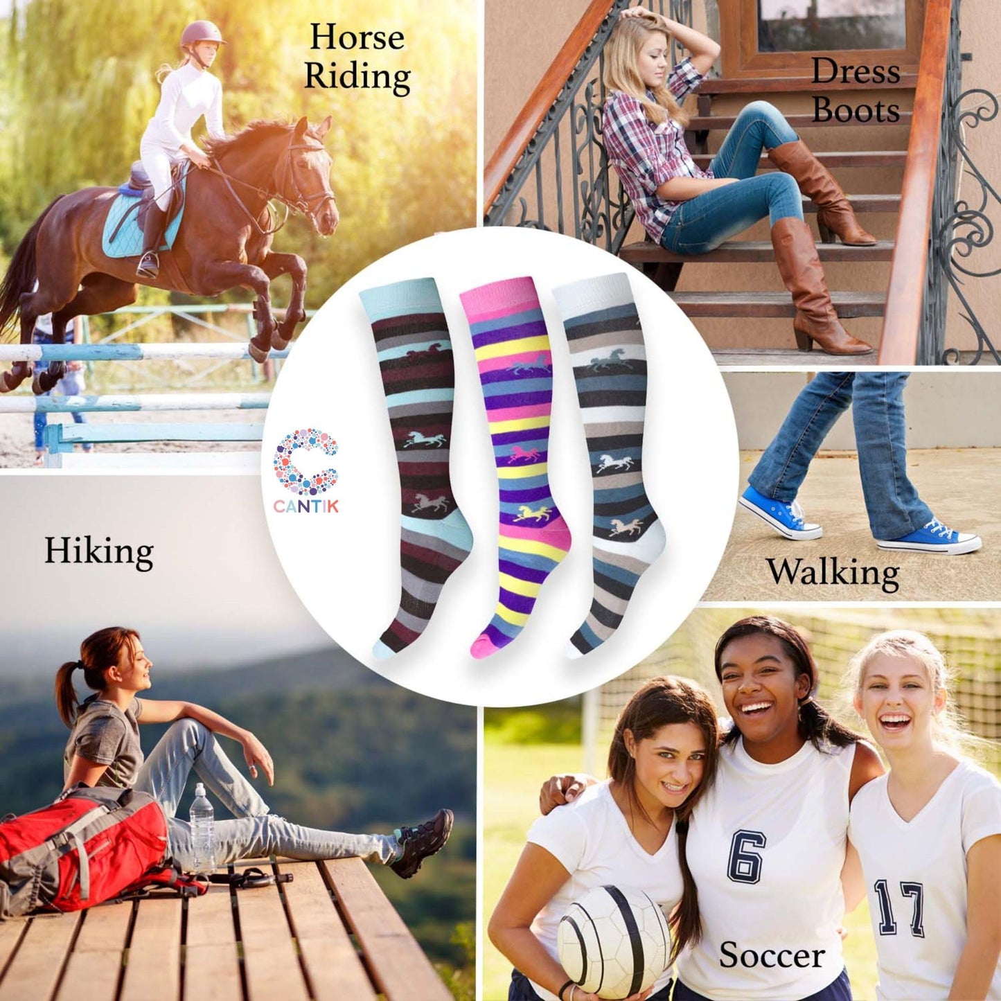 Cantik Horse Socks & Horse Hair Ties - Knee High Equestrian Socks (3 Pairs), Soft & Cotton Rich - Perfect Horse Gift For Girls, Teenagers, & Horse Lovers. Horse Riding Socks & 5 Ouchless No Crease Hair Ties Gift Set Cantik Horse Socks & Horse Hair Ties -