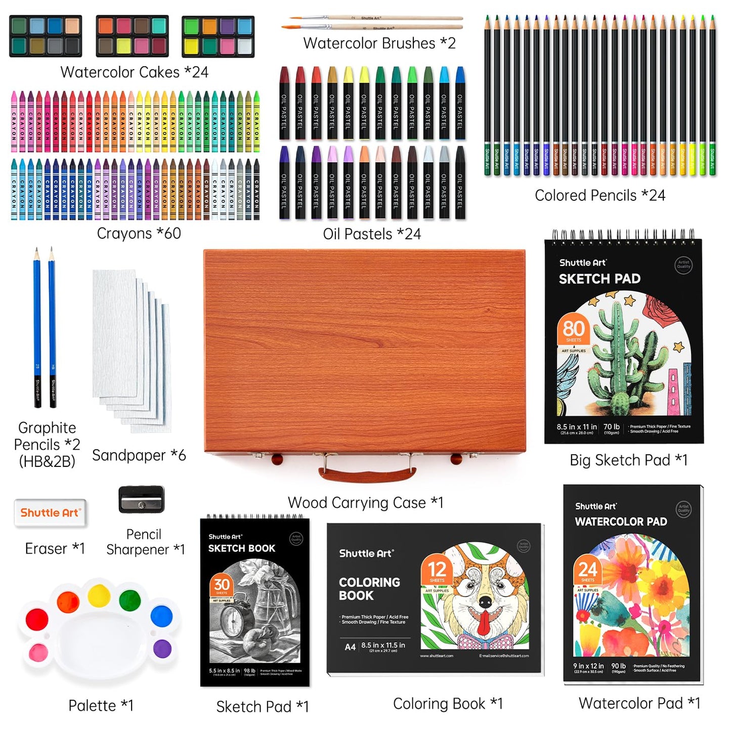 Shuttle Art Deluxe Art Set, 149 Piece Art Supplies in Wooden Case, Painting Drawing Art Kit with Acrylic Paint Pencils Oil Pastels Watercolor Cakes Coloring Book Watercolor Sketch Pad for Kids Adults
