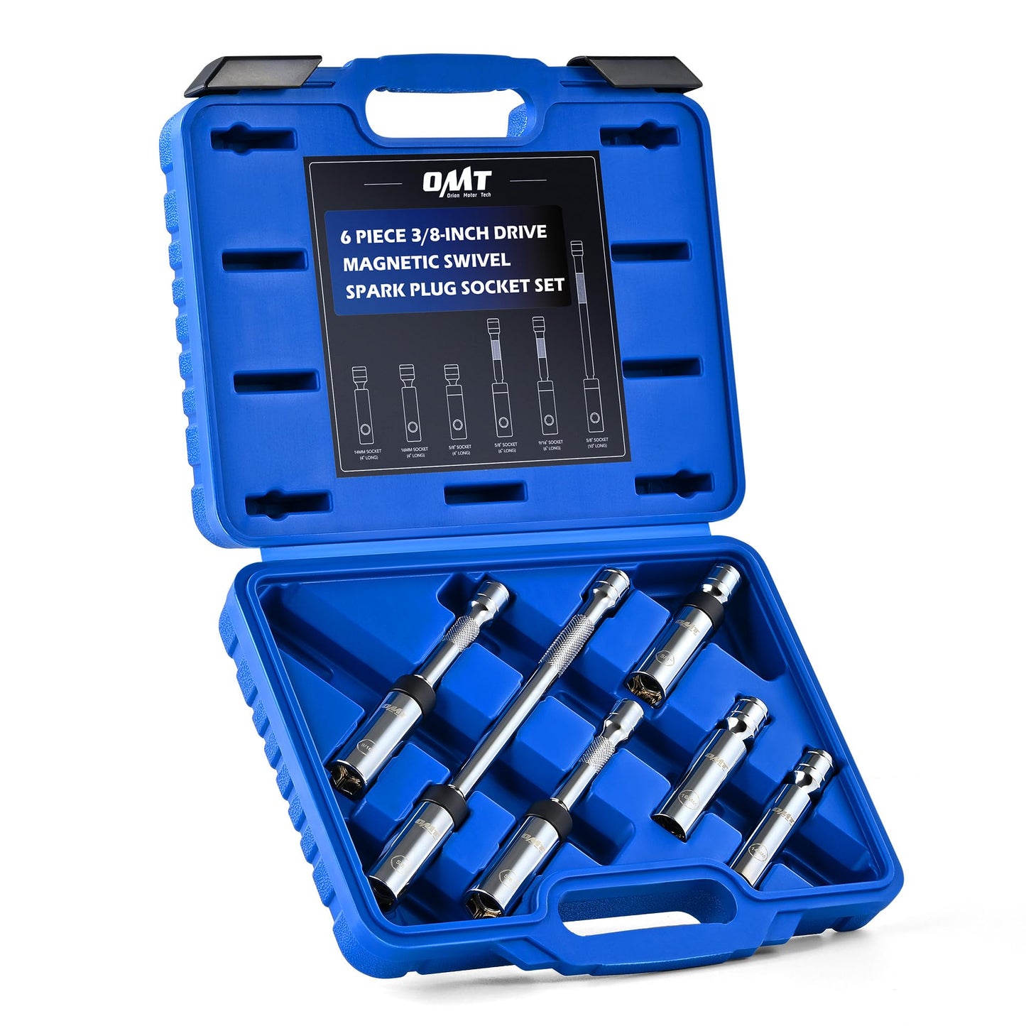 Orion Motor Tech 6pc 3/8" Drive Magnetic Swivel Spark Plug Socket Set, Thin Wall Spark Plug Sockets with 9/16" 5/8" 14mm 16mm Sizes, Cr-V Steel Magnetic Spark Plug Socket Set with 6 Point & 12 Point