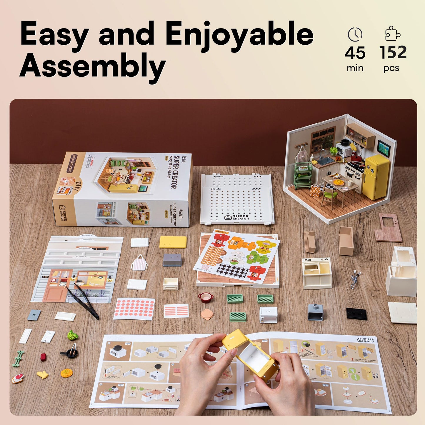 Rolife DIY Miniature Plastic House Building Set Toys Playset with LED Suitable for Mini Figures Construction Toys Diorama Kit Gifts for Adults (Happy Meals Kitchen)