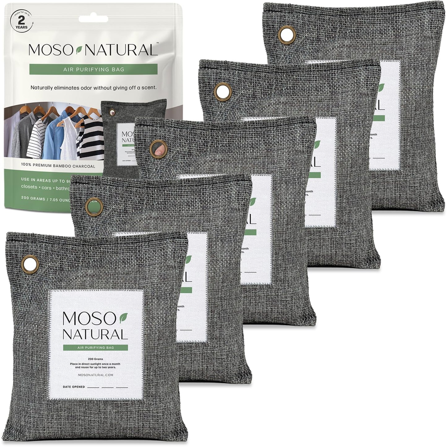 Moso Natural Air Purifying Bag 200g | Premium Bamboo Charcoal Odor Absorber for Home & Car | Closet Odor Eliminator, Small Room Deodorizer & Car Air Freshener | Long Lasting Charcoal Bags (5 Pack)