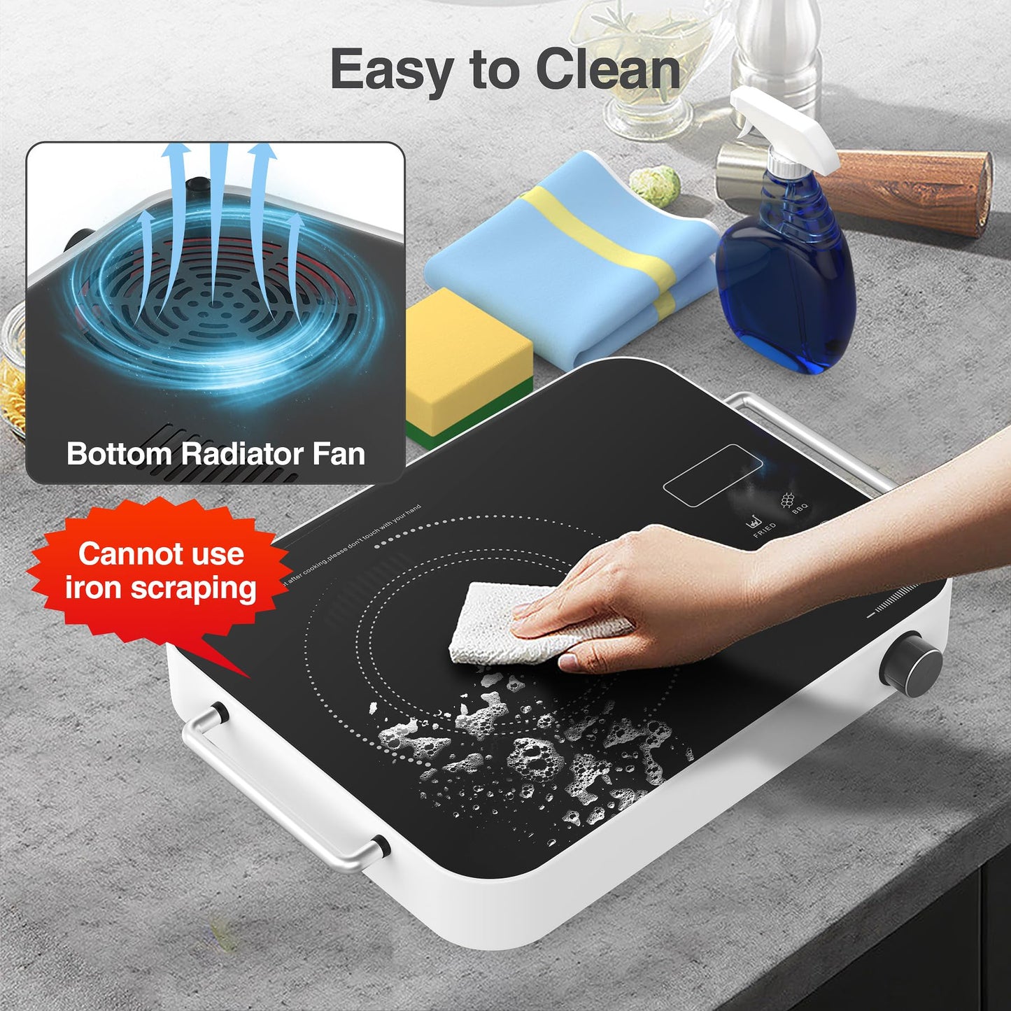 GIHETKUT Electric Cooktop Single Burner, 1800W 110V Electric Stove Top with Knob Control, Portable Induction Cooktop with 2 Handle, Hot plate with Double Ring Heating, 4 hours Timer