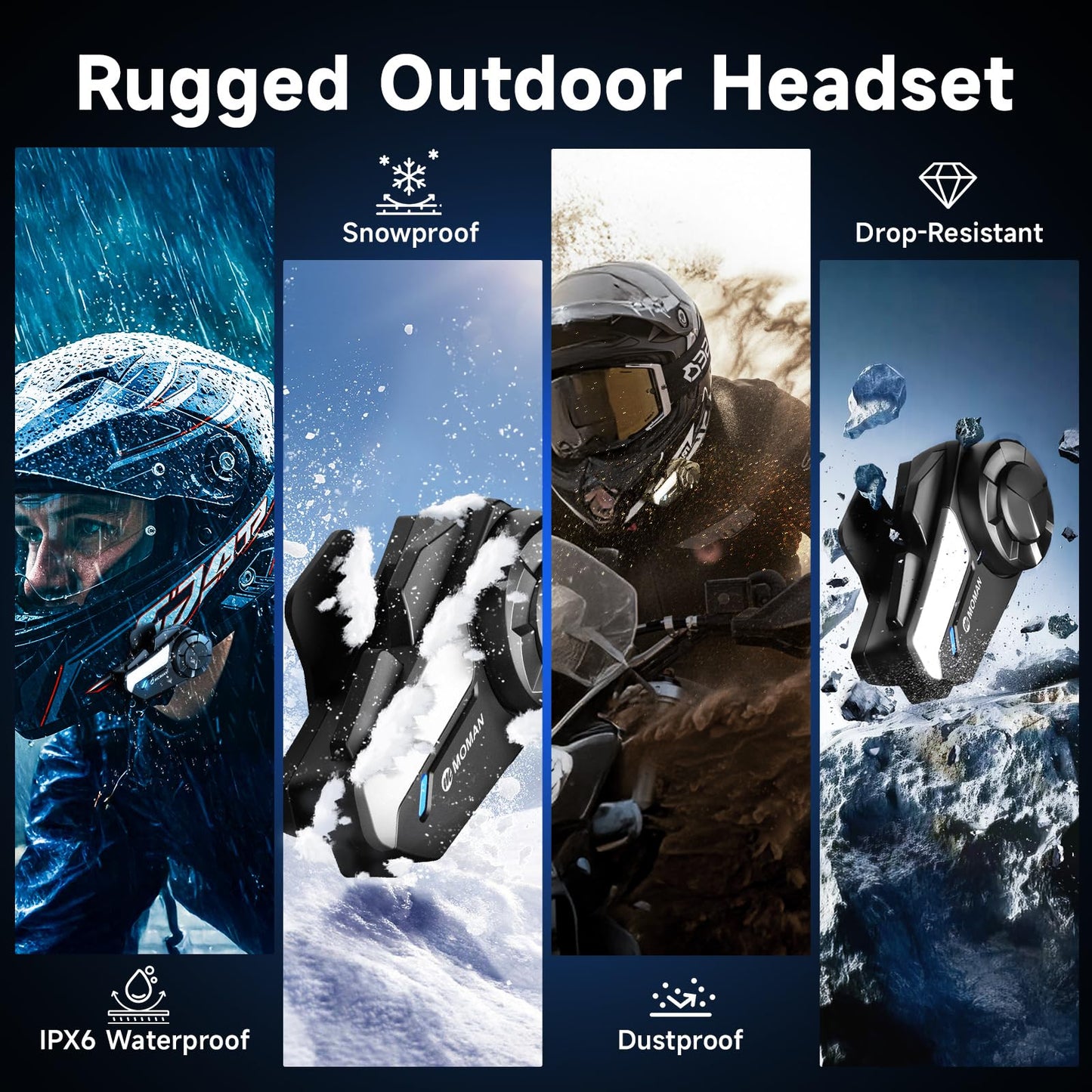 Motorcycle Intercom, Moman H2S Motorbike Helmet Headset 2-Way 1000M Communication System with Triple Noise Cancellation Audio Multitasking Hi-Fi Stereo Music Sharing FM AI Voice Waterproof, 2 Pack