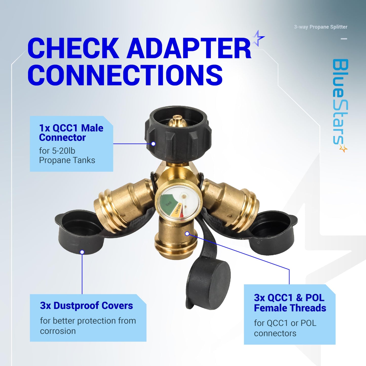 BlueStars 3-Way Propane Splitter Connector QCC/POL with Gauge & Shut-Off Valve – for Gas Grills, Heaters, Camping Stoves, BBQ Griddles, Gas Burners
