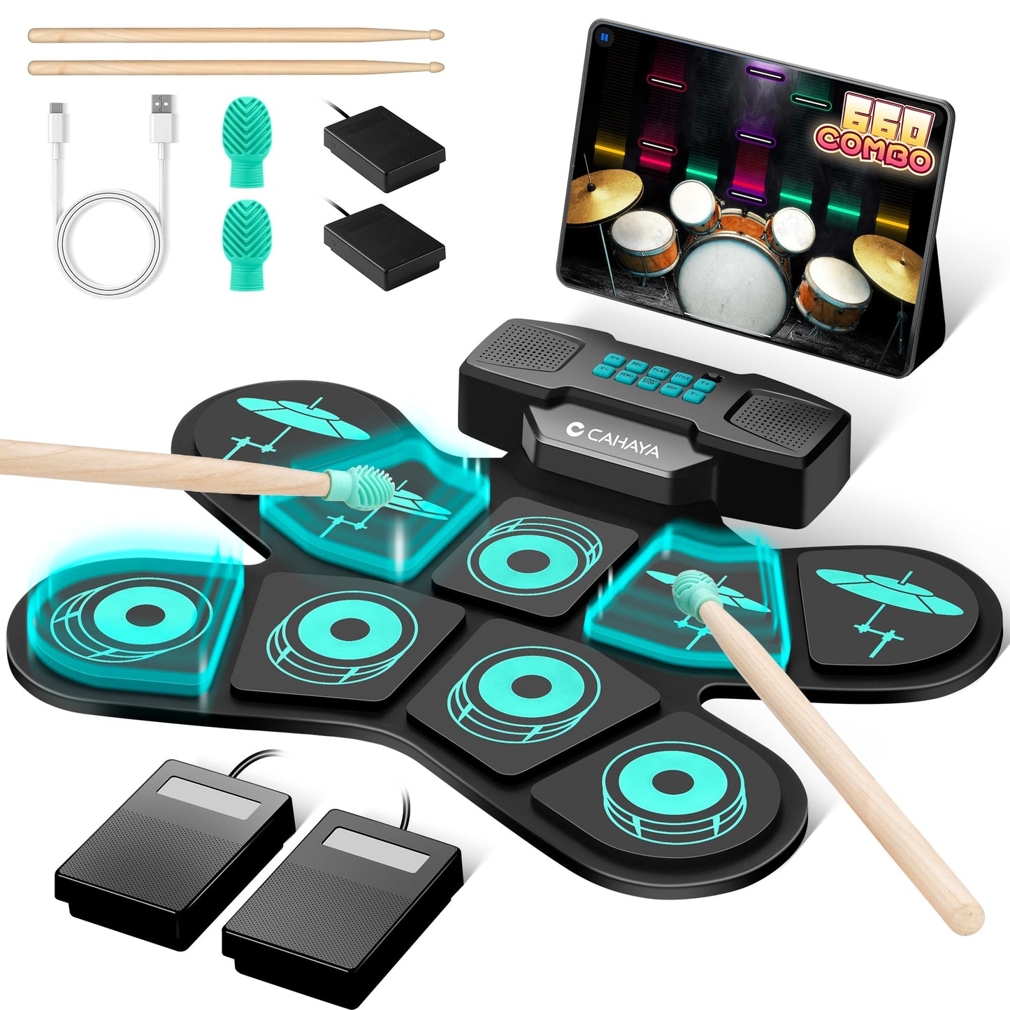 CAHAYA 9 Pack Electronic Ear Pads for Double Horn Drum, Portable 9 Ear Pads, Electric Training Battery, MIDI Game Link, 4 Hours Lifespan,
