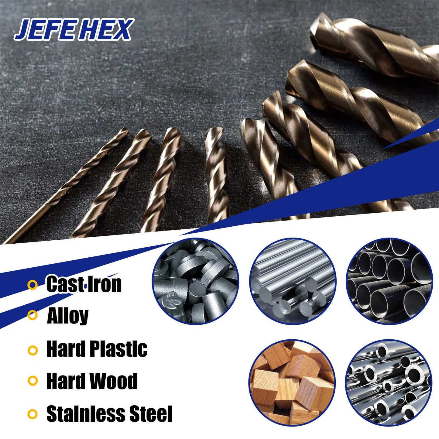 JEFE HEX 29 PCS M35 Cobalt Drill Bit Set, HSS Twist Jobber Drill Bits with 135 Degrees Split Point and Three-Flat Shank, 3/8” Reduced Shank, Gold Oxide Metal Drill Bits Set (1/16” - 1/2” x 1/64”)