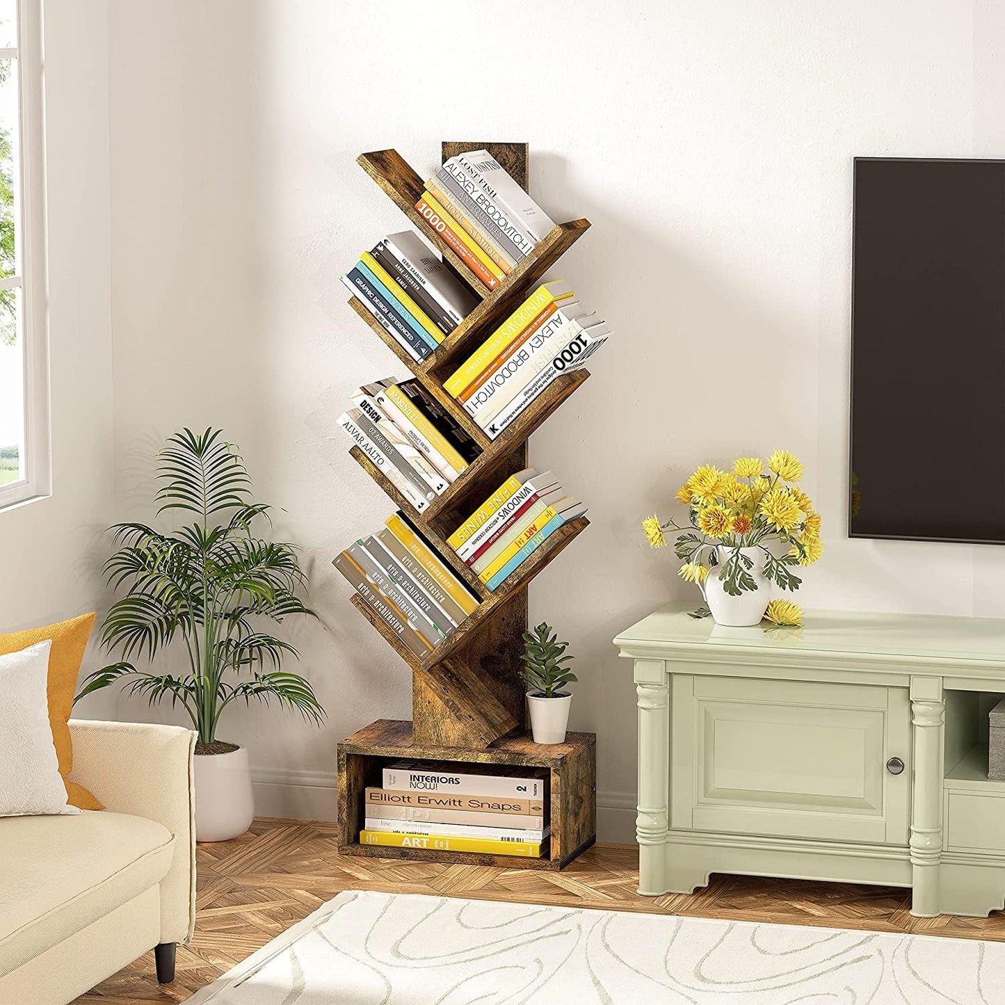 Hoctieon 6 Tier Tree Bookshelf, Tall Bookcase with Drawer, Freestanding Book Shelf, Display Floor Standing Storage Shelf, Book Organizer Shelves for Home Office, Rustic Brown