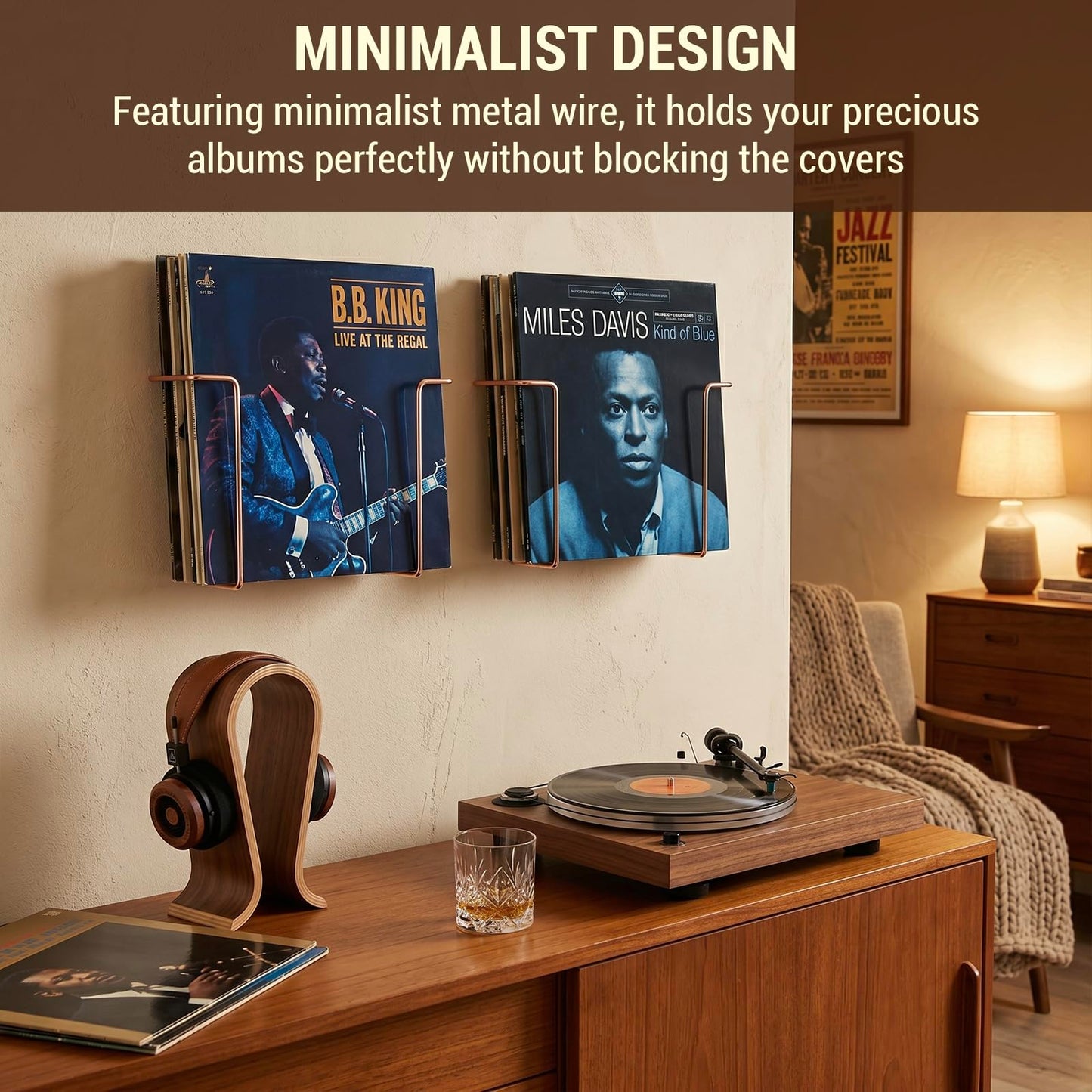 MyGift Modern Metal Wire Wall Mounted Vinyl Records Storage Racks, Hanging LP Record Holders, Floating Album Cover Display Shelves, Set of 2 (Modern Copper-2 Pcs)