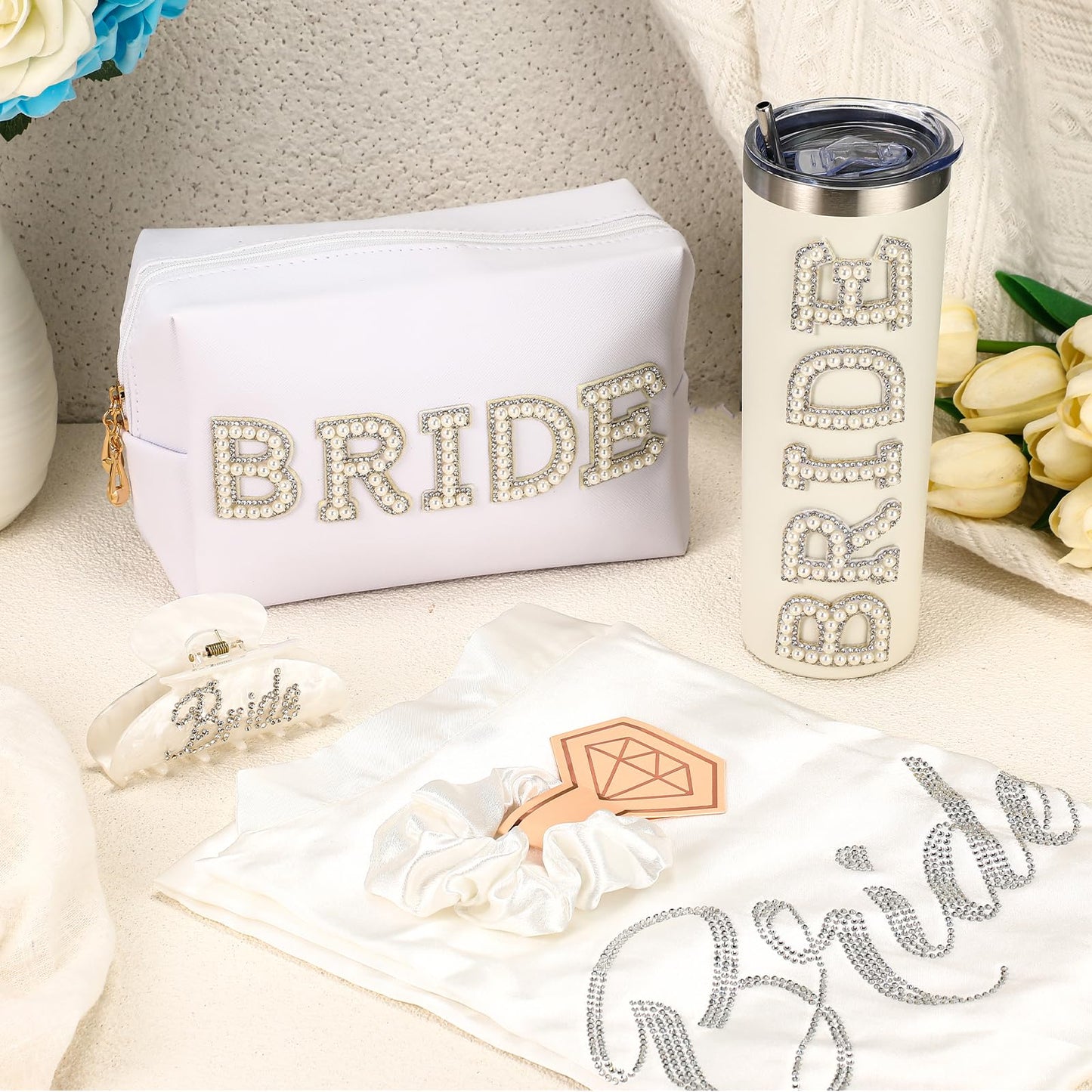 Toulite 5 Pcs Bridal Shower Gifts, Include Bride Robe Soft Kimono Robe, Bride Tumbler Cup, Claw Clip Hair Clip, Bridesmaid Proposal Gift Scrunchies, Cosmetic Travel Toiletry Bag for Women Party Favors