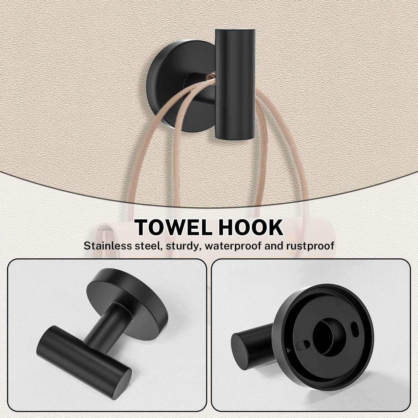 5 Piece Matte Black Towel Bar Set Round Bathroom Hardware Set Includes 23.6in Towel Bar Round Towel Ring Toilet Paper Holder Towel Hooks Stainless Steel Wall Mount Bathroom Accessories Set