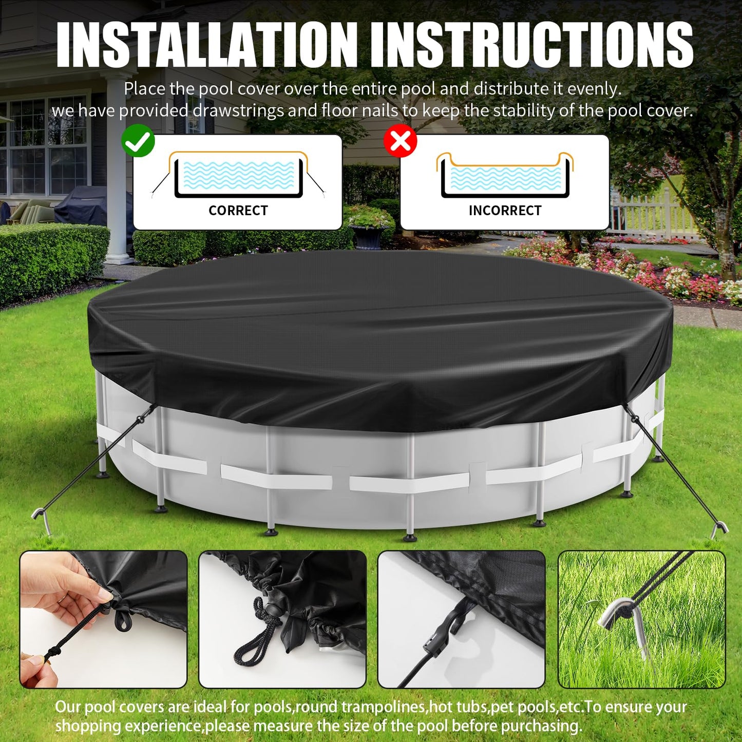 12 Ft Round Pool Cover Solar Cover for Above Ground Pool with Pool Covers Accessories Swimming Round Solar Pool Covers for Above Ground Pools Heavy-Duty Waterproof Dustproof(Black)