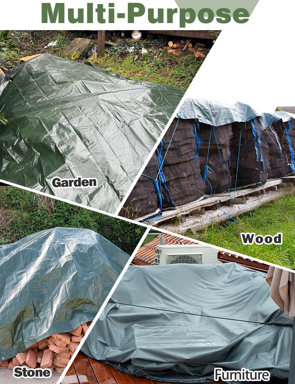 Wohohoho 120GSM Tarpaulin Waterproof Heavy Duty, 13.1 x 13.1 Ft Large Green Rainproof Tarp UV/Tear Resistant PE Tarpaulin Sheet Tent with Reinforced Eyelets, Cover for Pool, Caravan, Garden Furniture