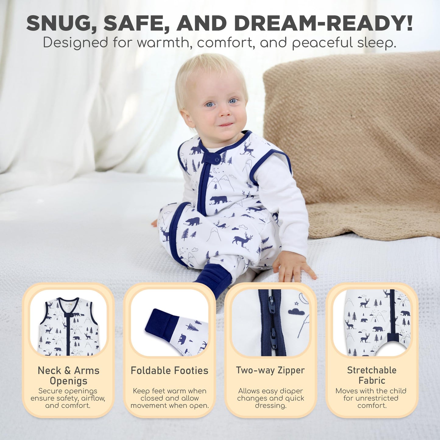 Mama Cheetah Baby Sleeping Bag with Feet, 0.5 Tog, Summer Sleeping Bag, Organic Cotton Baby Sleeping Bags, Sleeveless, Baby Sleeping Bag with Legs for Infants, Children, Boys, Girls, 100 cm (Baby