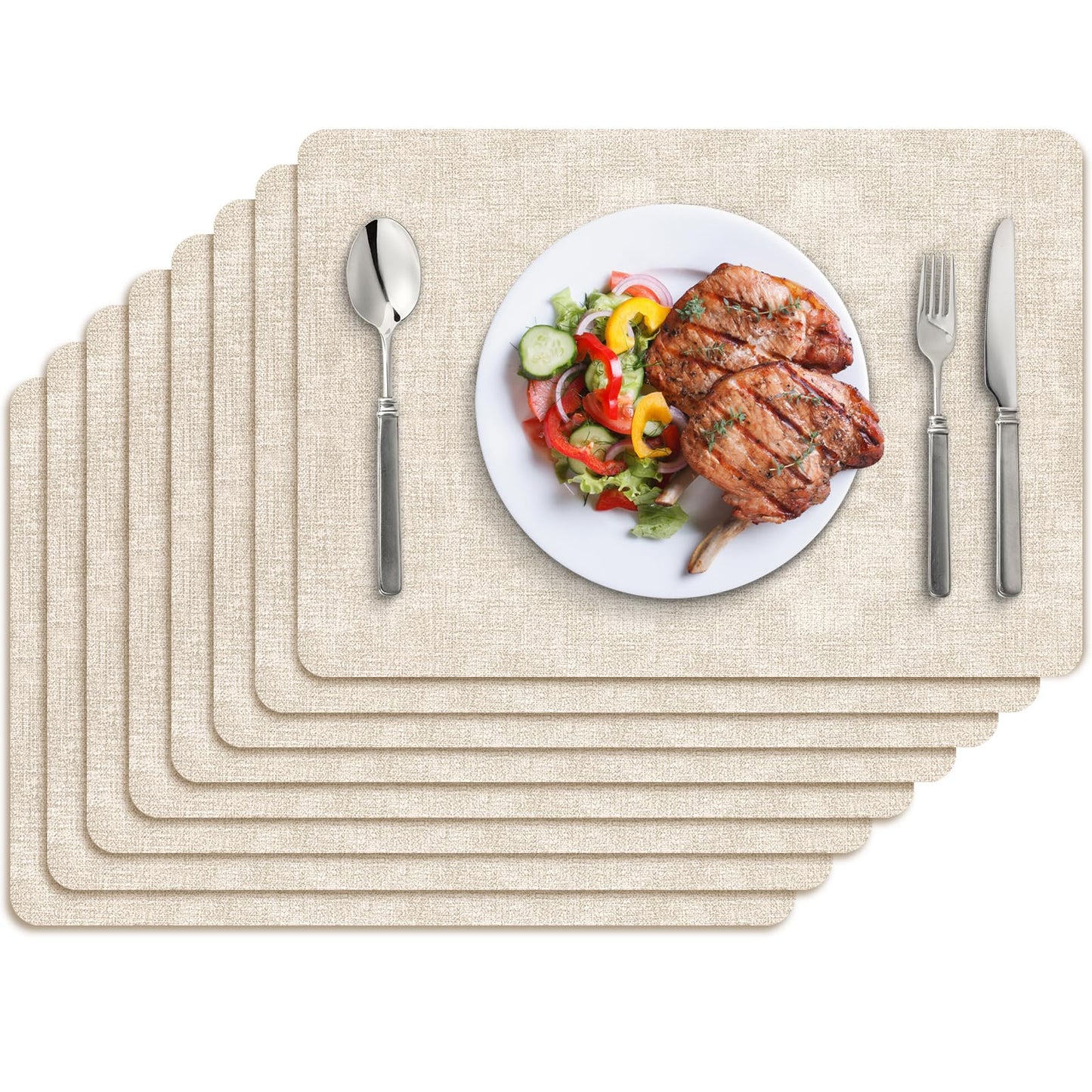BIPASION Placemats, Faux Leather Heat Resistant Placemats for Dining Table Set of 8, Waterproof Wipeable Washable Place Mats, Easy to Clean Non-Slip Table Mats, Beige