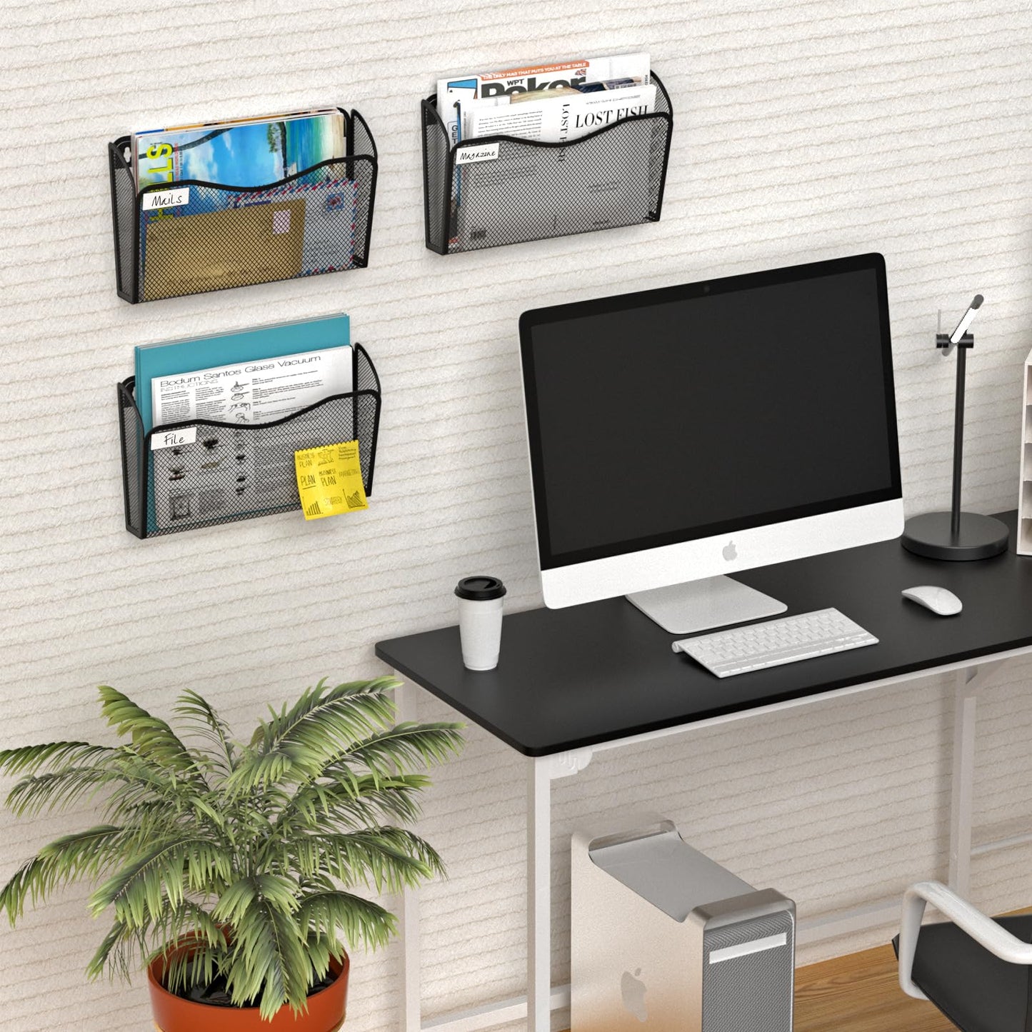 Wall File Organizer, 3 Single Pockets Mesh Hanging File Organizer, Mount Document Magazine Rack with Labels, Hanging File Folders for Office, Home and School, Black