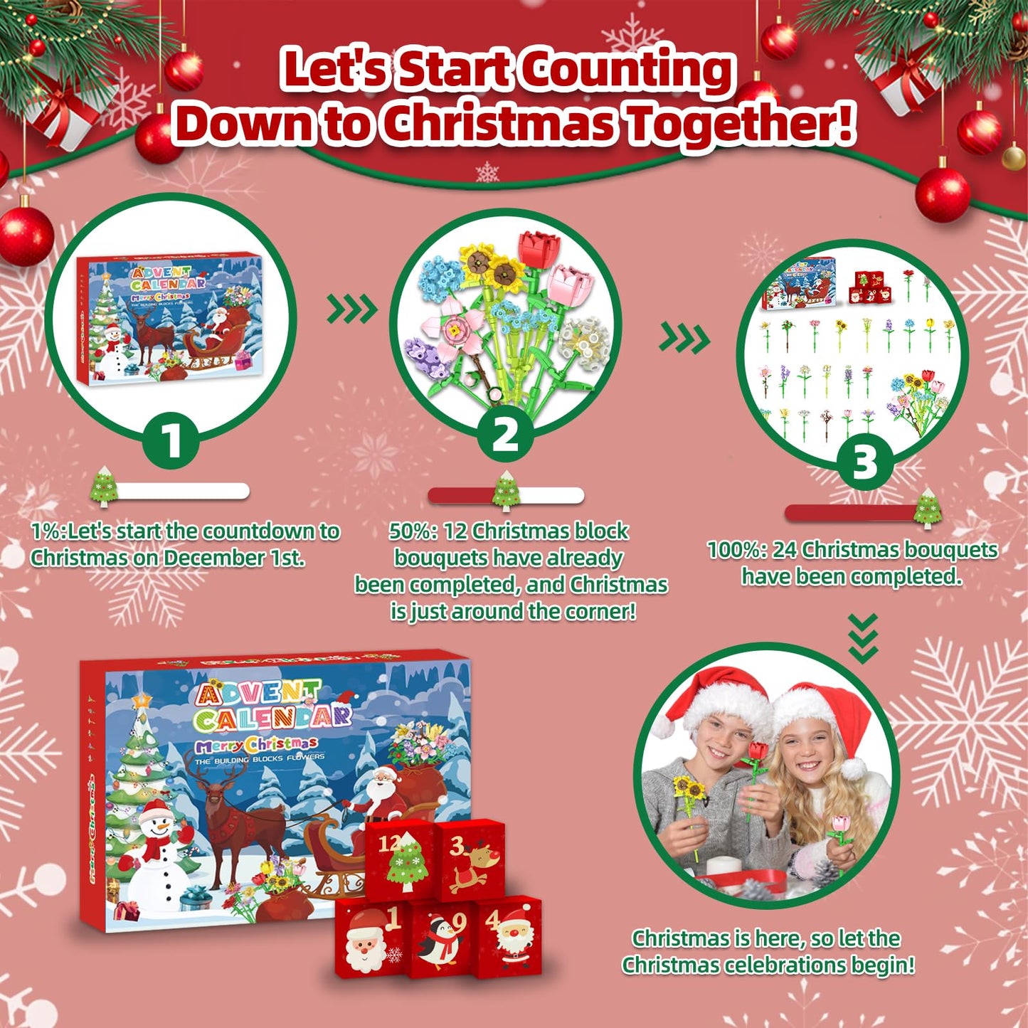 Advent Calendar 2025 Flower Building Blocks for Kids, 24-Day Christmas Calendar with 24 Colorful Flower Bouquets Made of Building Blocks,Christmas Flower Building Toy Gift for Boys and Girls