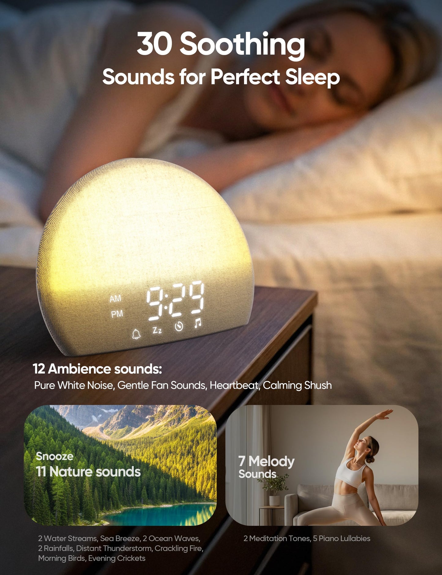 ERZERT Sunrise Alarm Clock & White Noise Machine for Adults and Kids 30 Soothing Sounds and 15-180 Mins Sleep Timer, Includes 11 Color Night Light & Naural Wake Up Light and Easy-Button Set Alarms