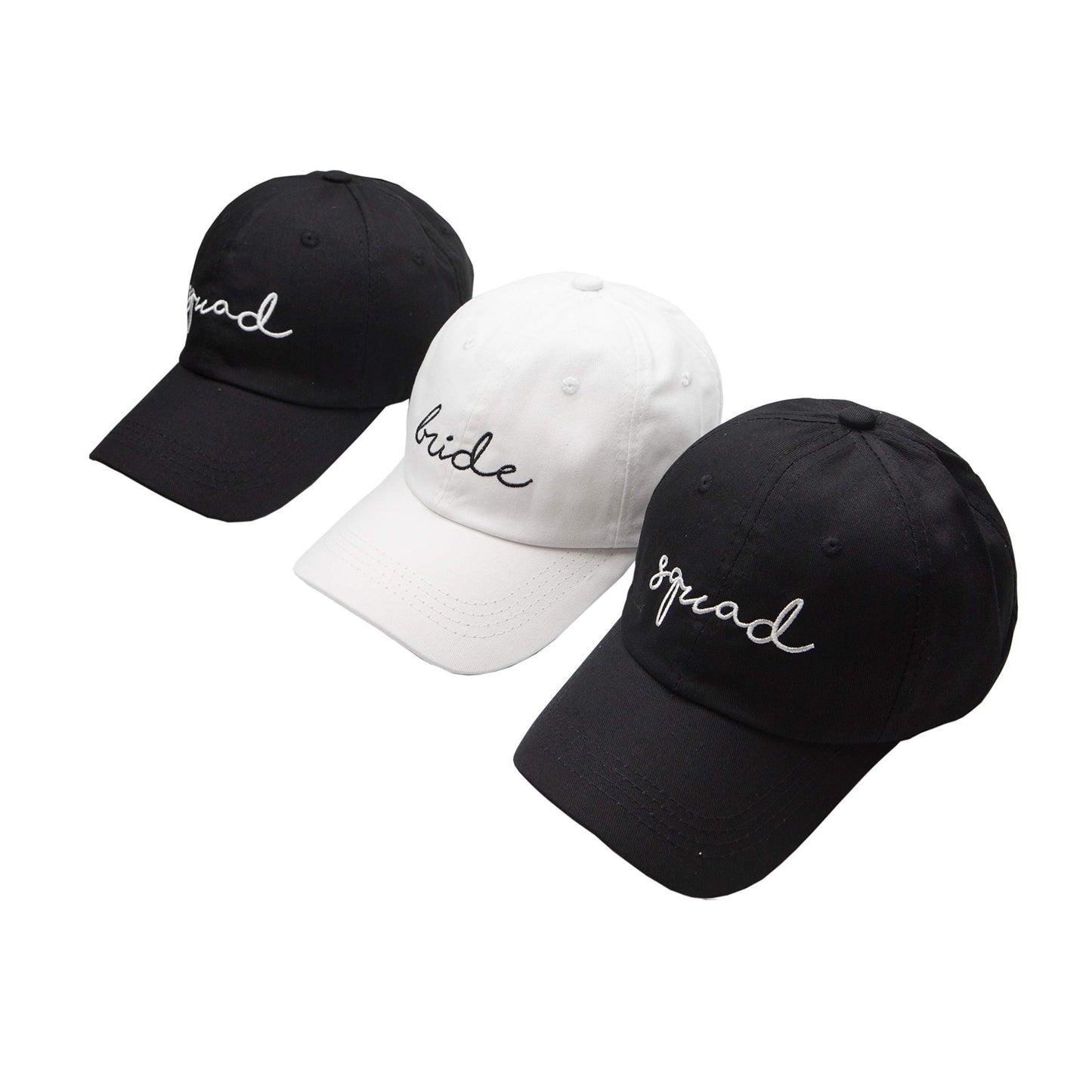 6 Pack Bride Squad Baseball Hat Embroidered Cotton Dad Cap Bachelorette Party Bridesmaid Gift Low-Profile Adjustable Strap Back Truck Hats