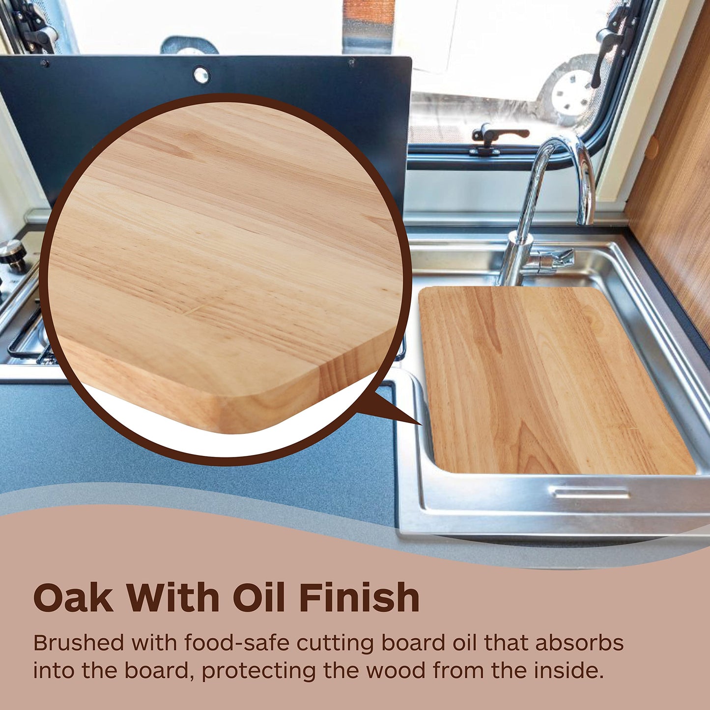 TonGass 15"x13"x3/4" RV Sink Cover with Adjustable Rubber Feet, Camping Cutting Board, Solid Oak with Food-Safe Oil Finish, Dual Purpose Sink Cover Cutting Board Add Counter Space in RV Kitchen