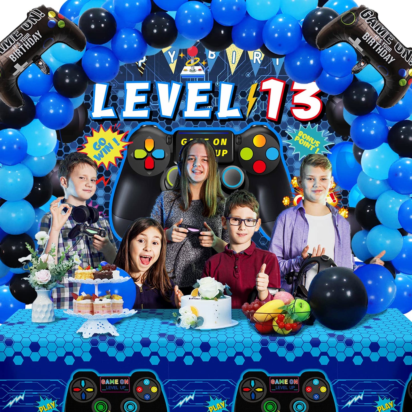 Vlipoeasn 90PCS 13th Birthday Video Game Party Decorations for Boys Set Blue 13th Birthday Supplies-13th Video Game Backdrop, Balloons, Tablecloth, Gamer and 13 Foil Balloons for 13 Years Old