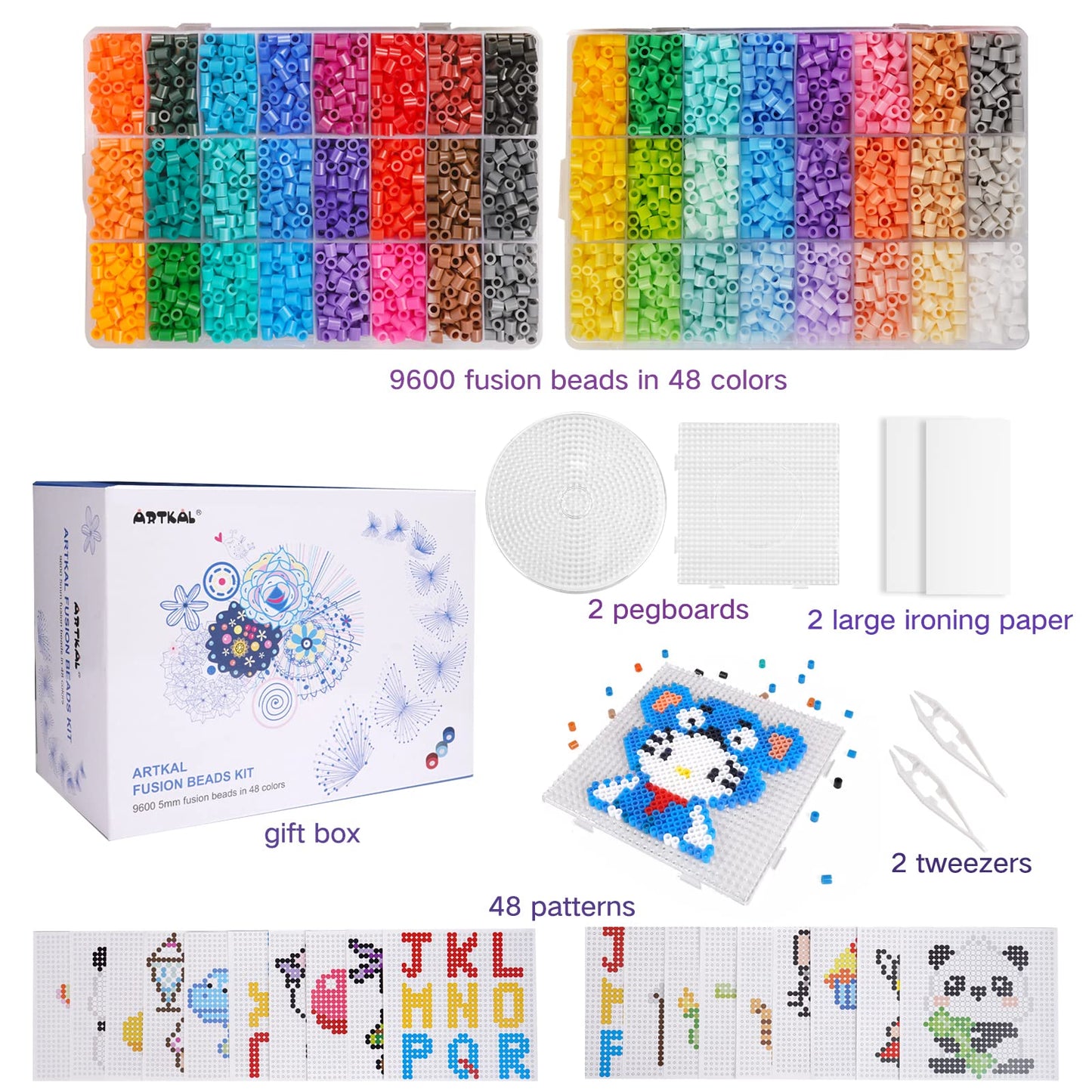 Artkal Fuse Beads Kit 9600 Pieces 5mm Melty Beads Kit, with 100 Patterns 4 Pegboards 2 Tweezers 2 Ironing Paper, Compatible Perler and Hama Beads