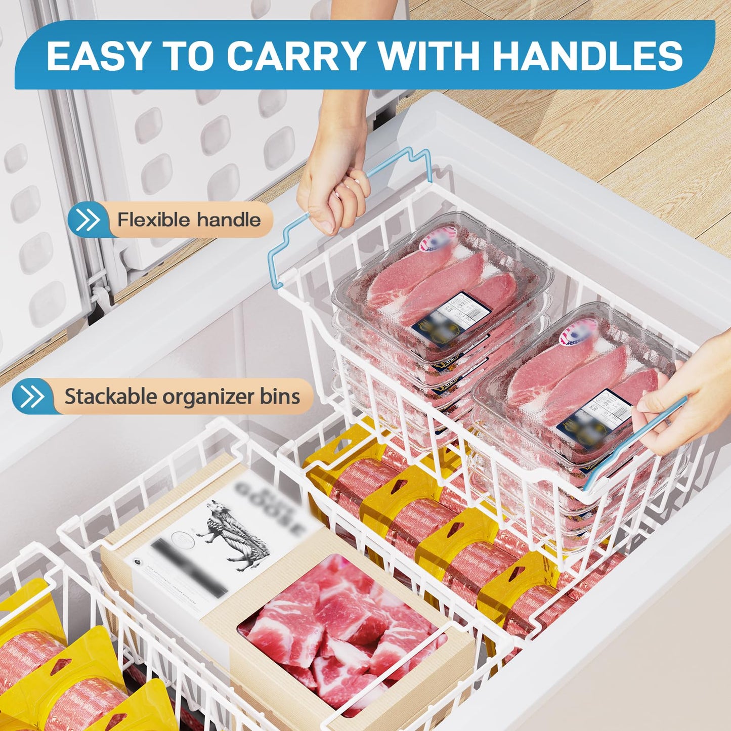 SUNALLY Freezer Organizer Bins, 8 Pack Chest Freezer Organizer Stackable for 5-7 Cu.FT Deep Freezer Sort Frozen Meats and Food, Freezer Storage Baskets with Handles Easy Reach from Bottom, White