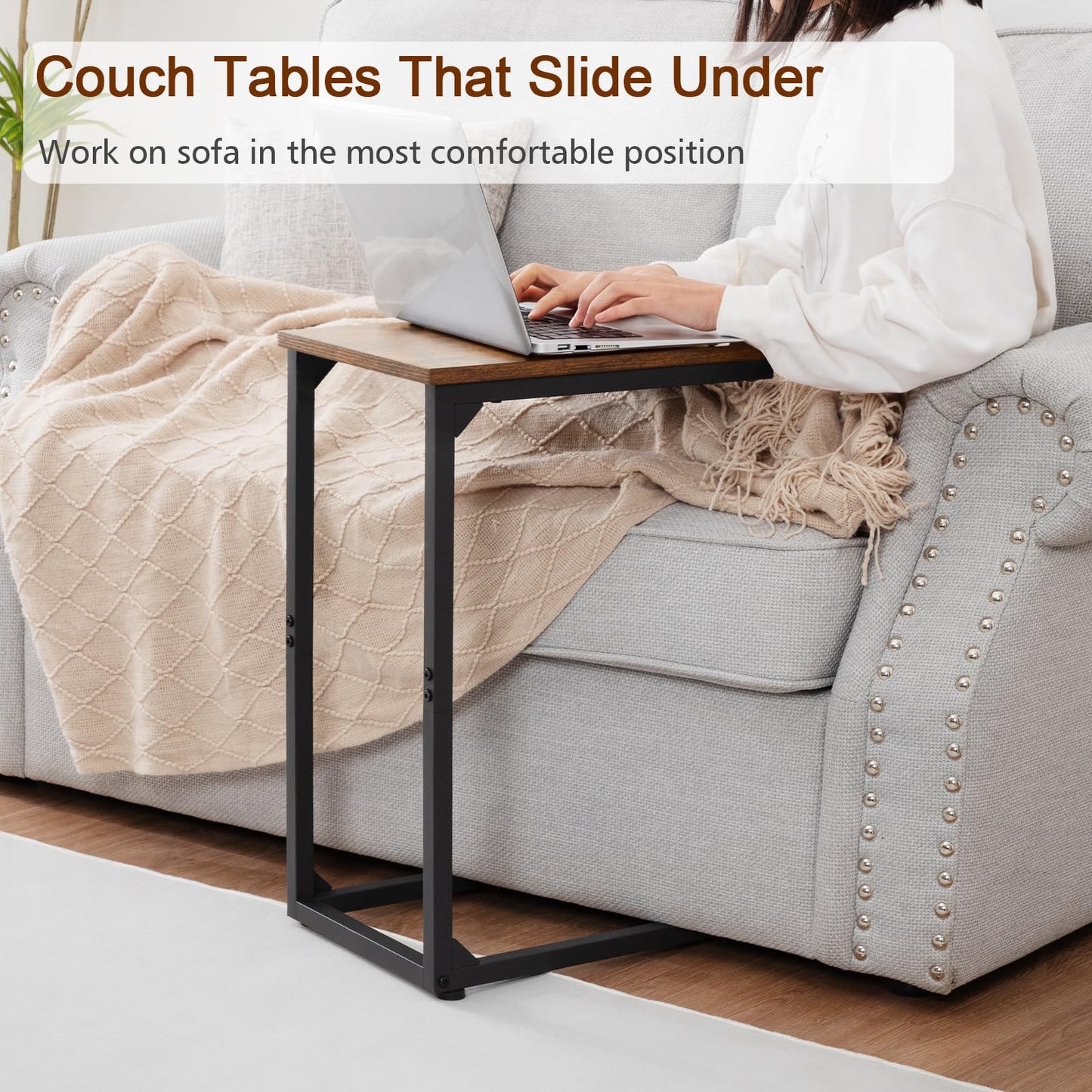 AMHANCIBLE C-Shaped End Table, Sturdy and Stable C Shaped Side Table for Couch, 23.2" High, Slide Under Couch Table for Sofa, Living Room, Bedroom, Small Space, Rustic Brown HET02CBR-1