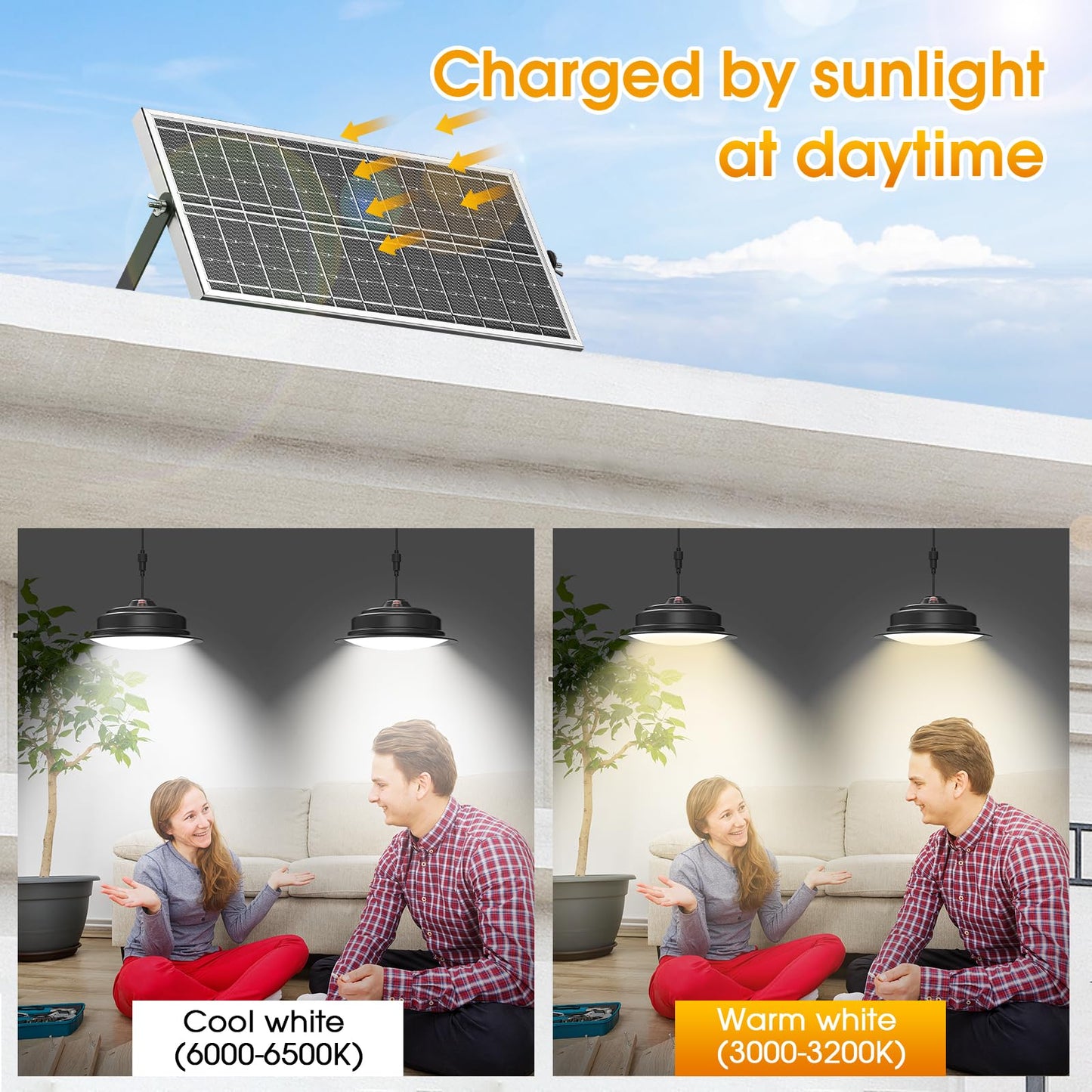 Malitupy Solar Pendant Lights Indoor Outdoor 2 Pack, Daytime Dimmable 120LED Cool/Warm White Solar Shed Lights with ON/Off Switch & Remote, Waterproof Barn Lights for Patio, Porch, Chicken Coop