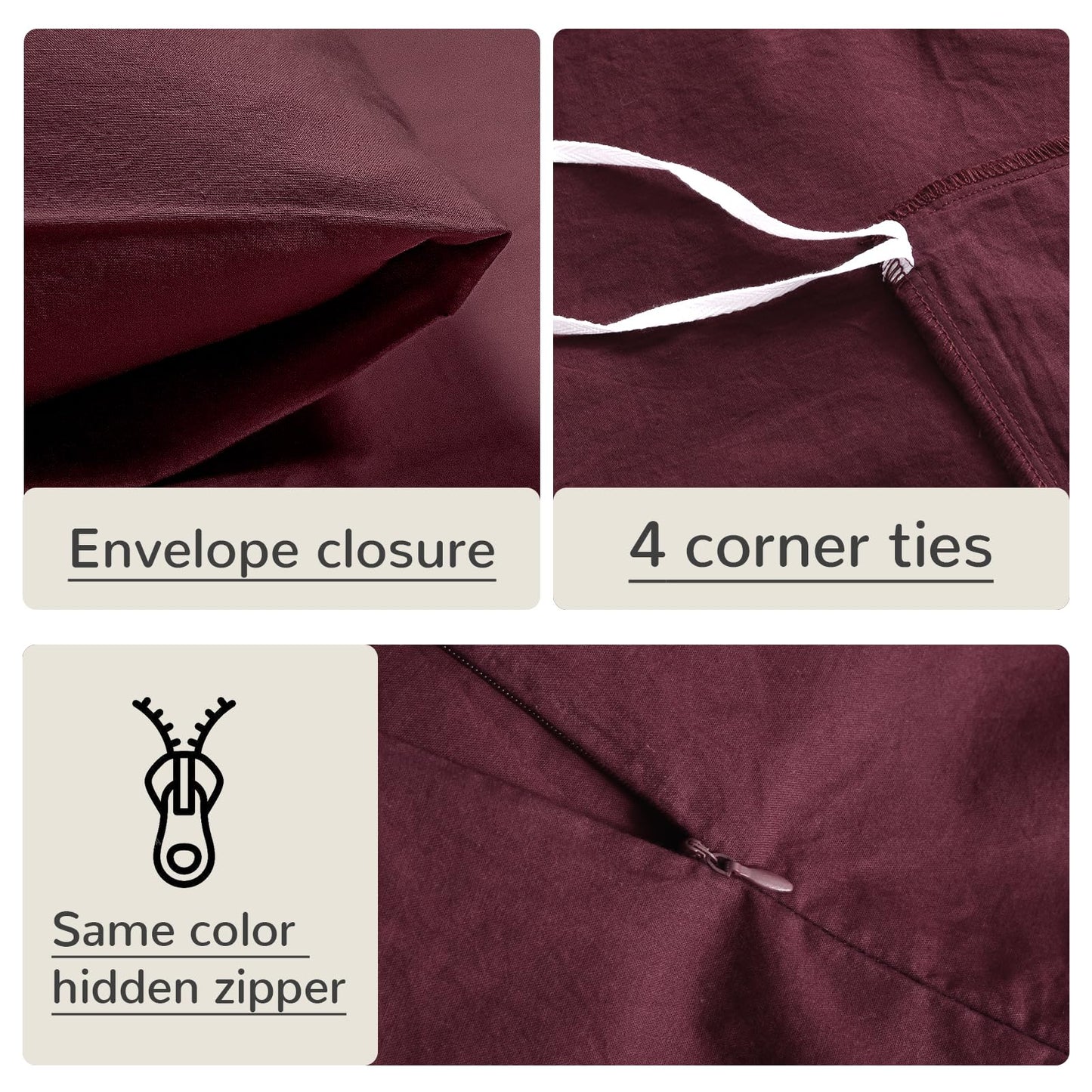 NEXHOME PRO Duvet Cover Set Queen Size Linen Look Textured 100% Washed Cotton Duvet Cover Burgundy Dark Red 3 Pieces Bedding Set with Zipper Closure,Breathable, Soft Organic Natural(No Comforter)