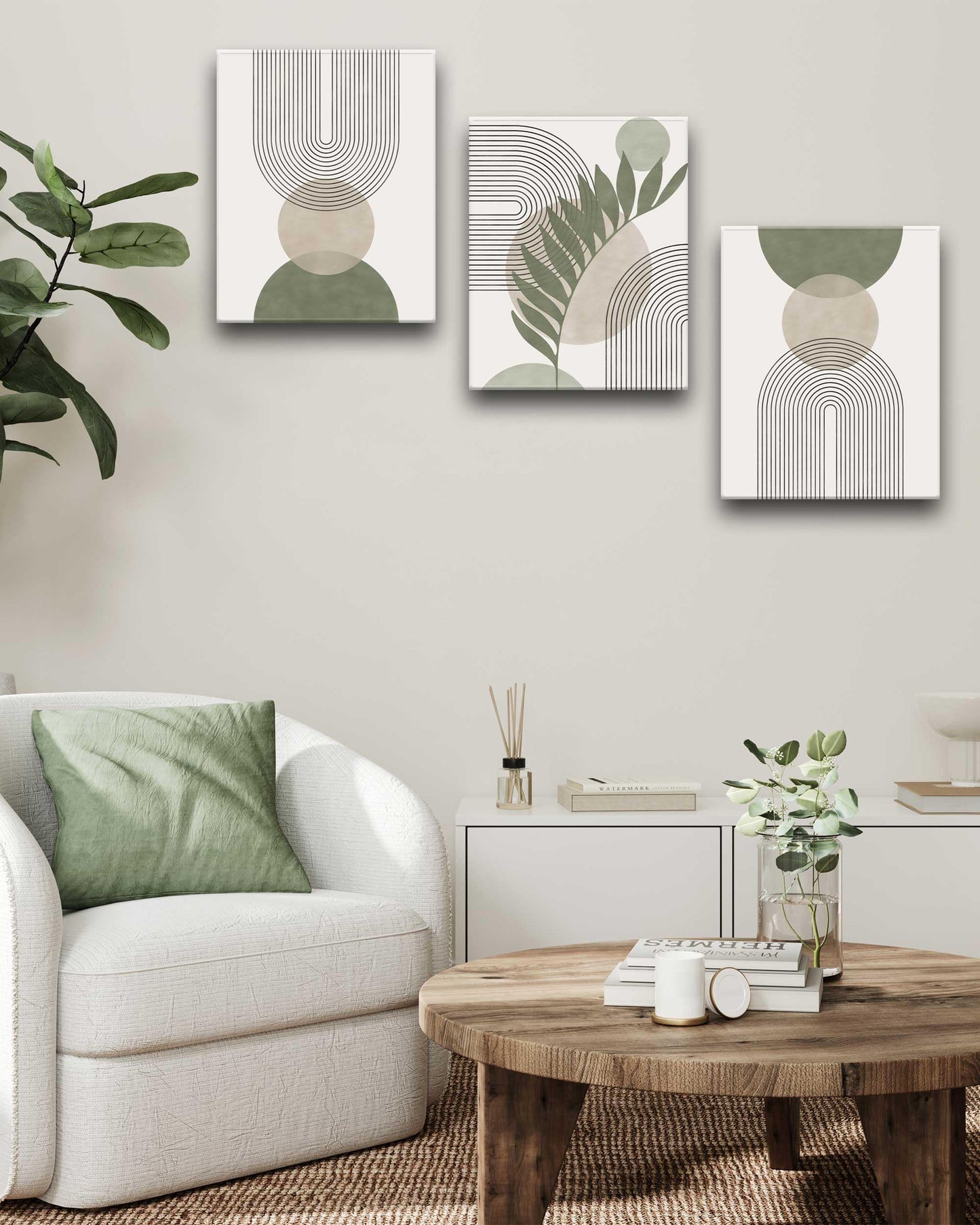 HesenDot Sage Green Boho Wall Art,30x40CM Framed Canvas Posters Prints,Minimalist Wall Decor Pictures,Mid-Century Modern Wood Framed Abstract Printing for Living Room Bedroom Bathroom Office,Set of 3