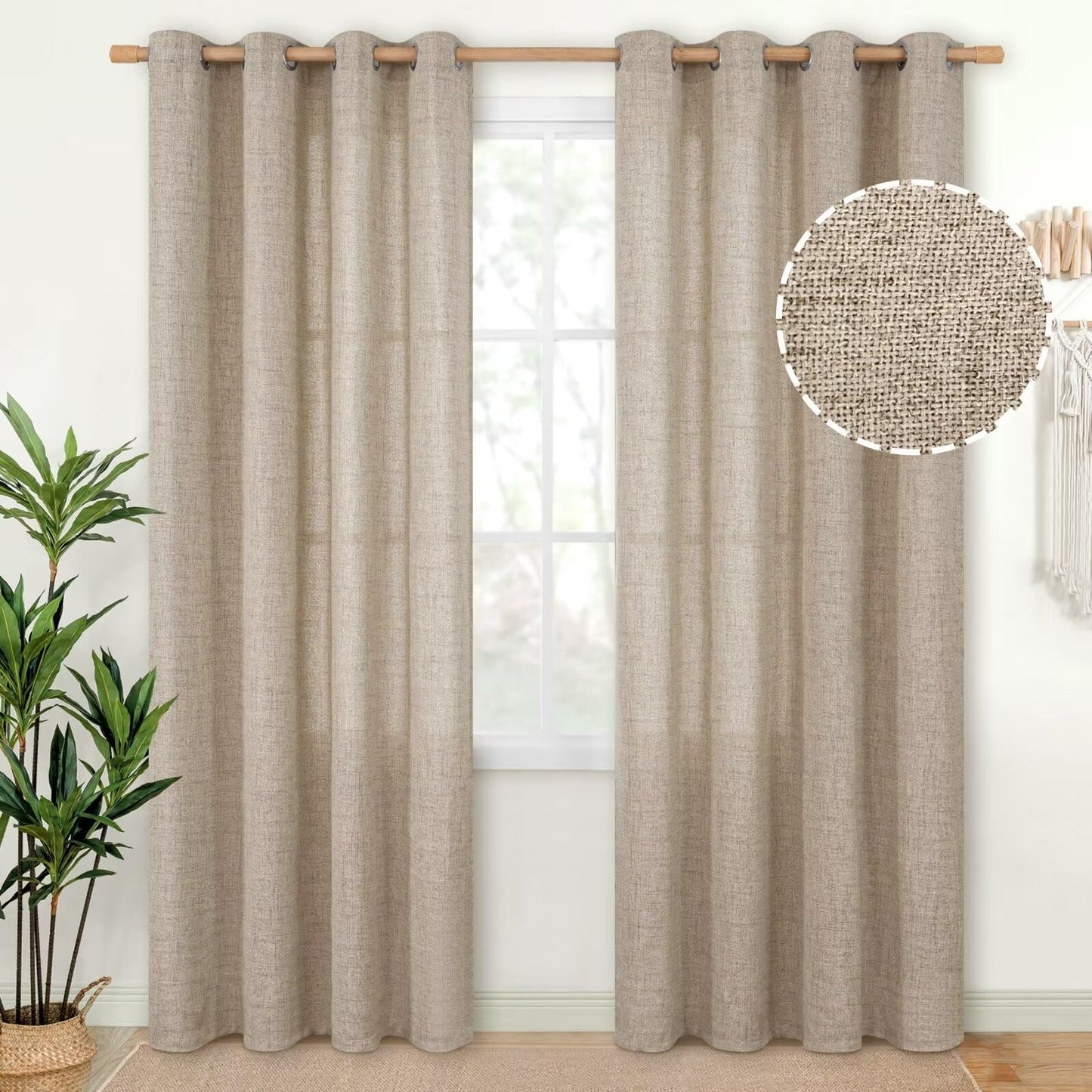 YoungsTex Natural Linen Curtains 84 Inch Long for Living Room Bedroom Grommet Top Light Filtering Privacy Linen Textured Window Semi Sheer Drapes, 2 Panels, 52x84 Inch, Oatmeal