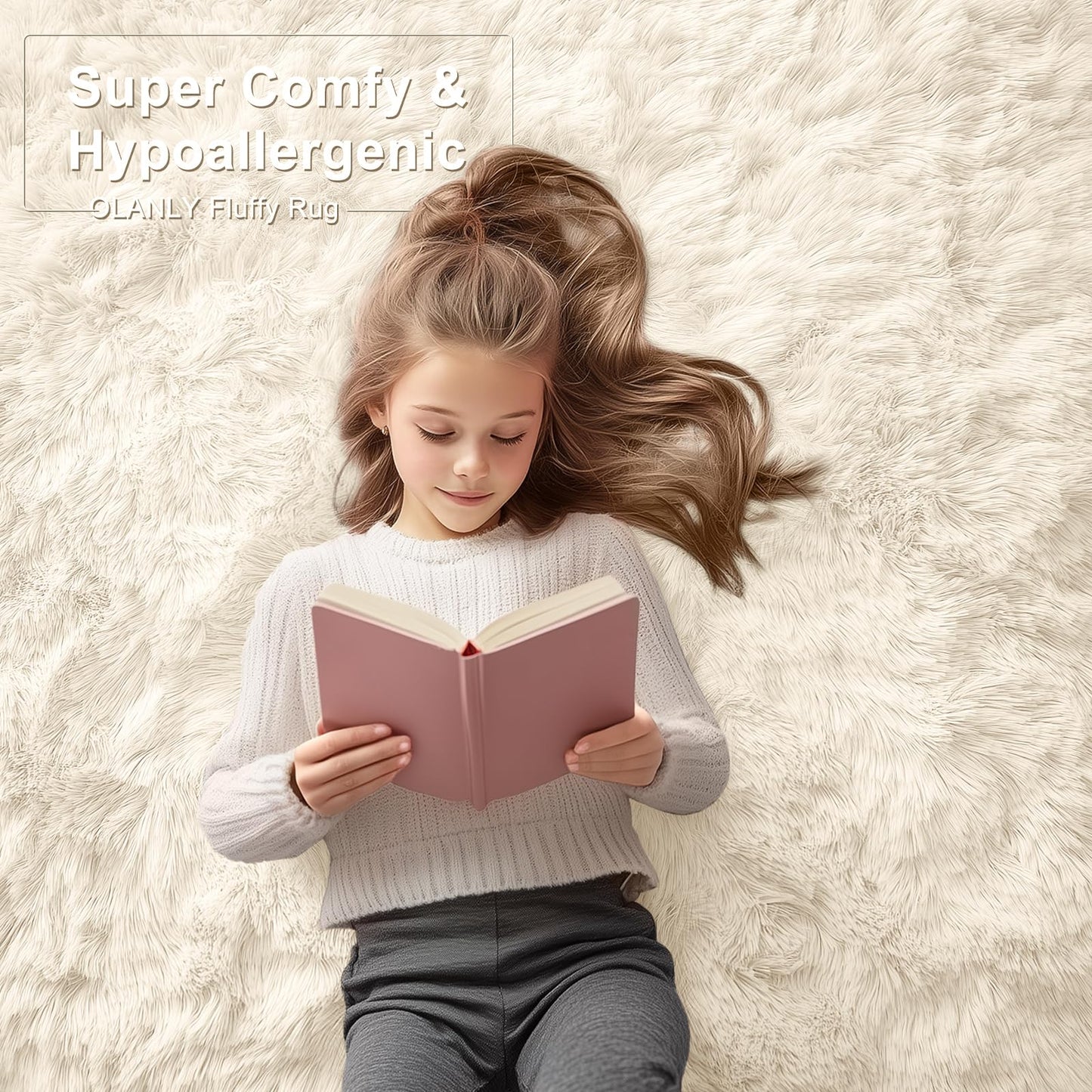 OLANLY Ivory Round Rugs for Bedroom, 5 Ft Machine Washable Circle Area Rugs for Living Room, Non-Slip Fluffy Carpet for Teen Girls and Boys, Dorms, Nursery Rooms, Home Decor Aesthetic