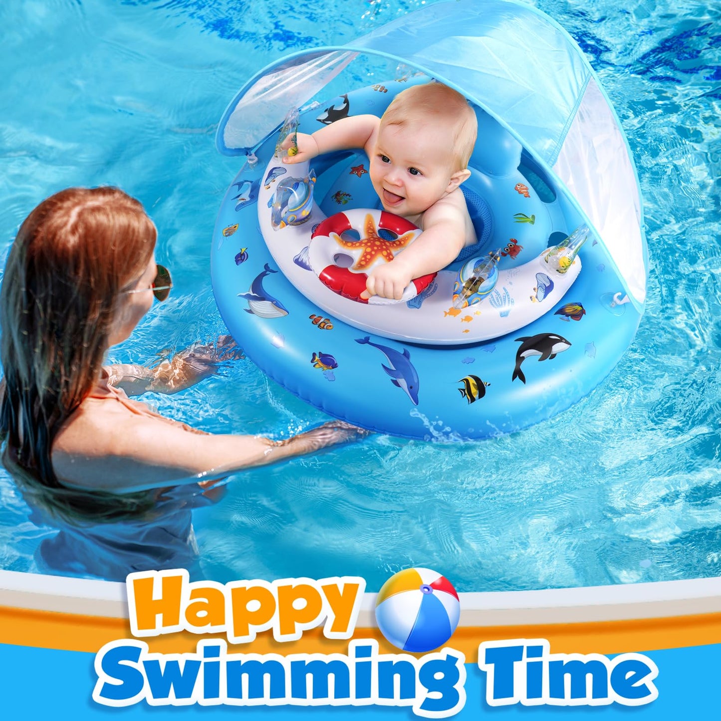 Baby Pool Float with Canopy UPF50+ Sun Protection, Inflatable Kids Pool Floats with Ocean Animal Toys for Baby 6-36 Months, Infant Swimming Float with Adjustable Safety Seat for Girls Boys