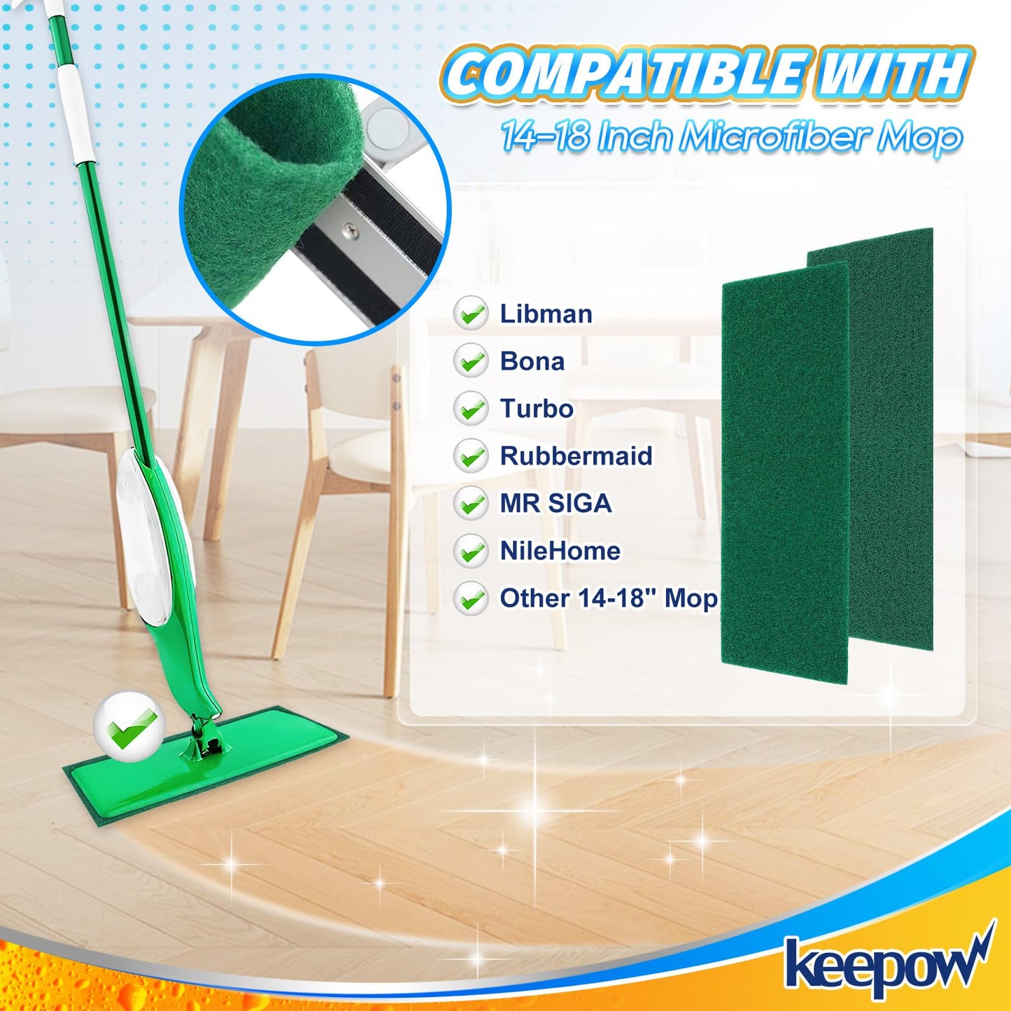 KEEPOW 6 Pack Scrub Mop Pads Replacement Compatible with Libman Freedom Spray Mop, Mop Scrubber Attachment for Floor Cleaning, Fit for Rubbermaid and Turbo & Other 18 Inch Microfiber Mops