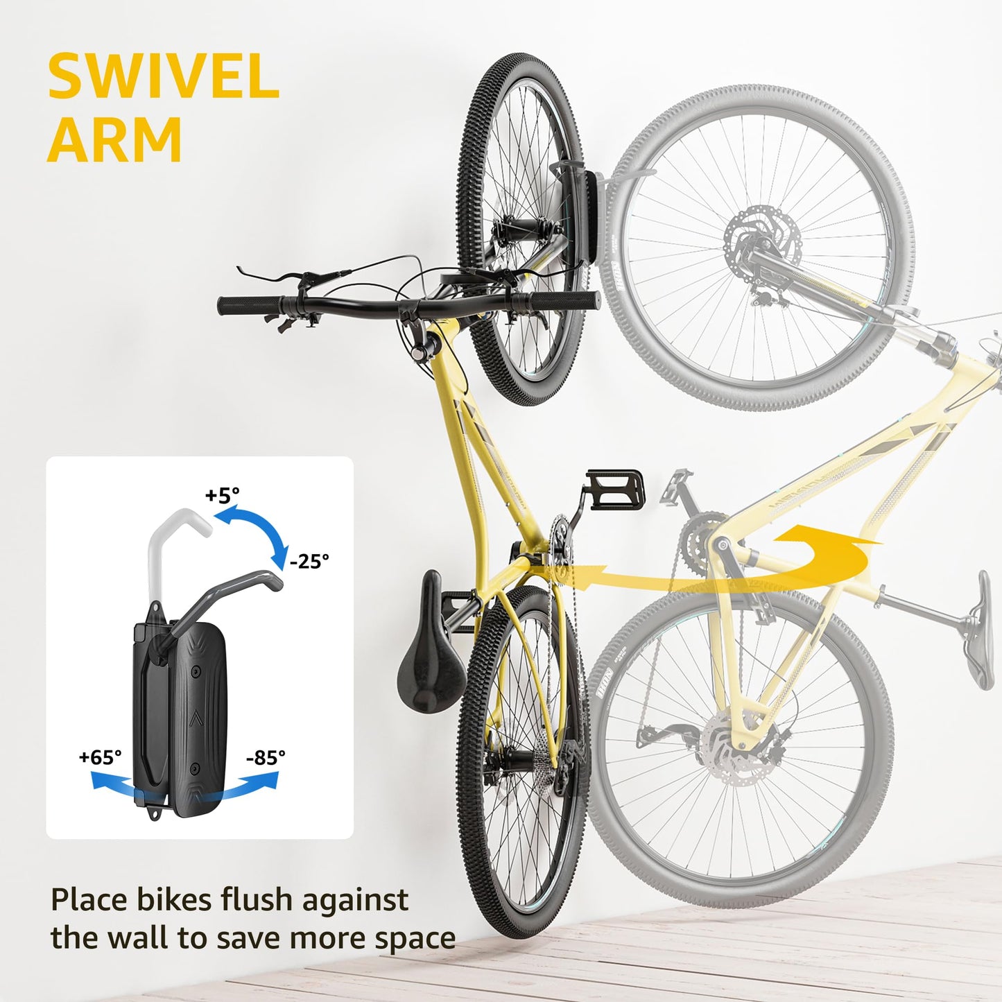 monTEK Swivel Bike Wall Mount – Space-Saving Vertical Bike Rack, Heavy-Duty Garage Bike Hanger, Sturdy Storage Hook Holds Up to 66lbs, Easy to Install, 2 Pack