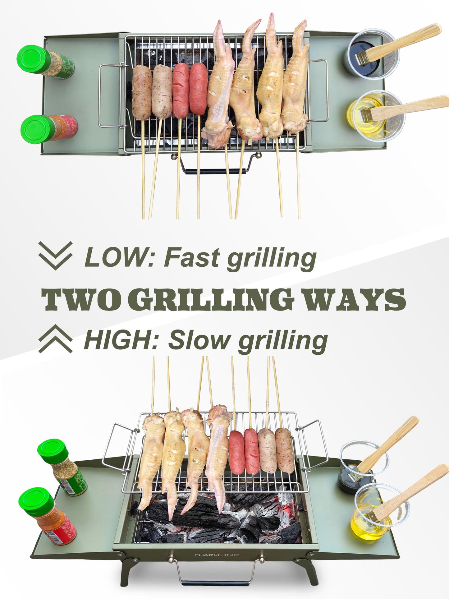 Charmline 35 x 23cm Small Foldable Portable Grill Charcoal, Compact Portable Grill, Desktop Charcoal Grill, BBQ Grill for Camping, Picnics, Gardens and Beach Parties, Green