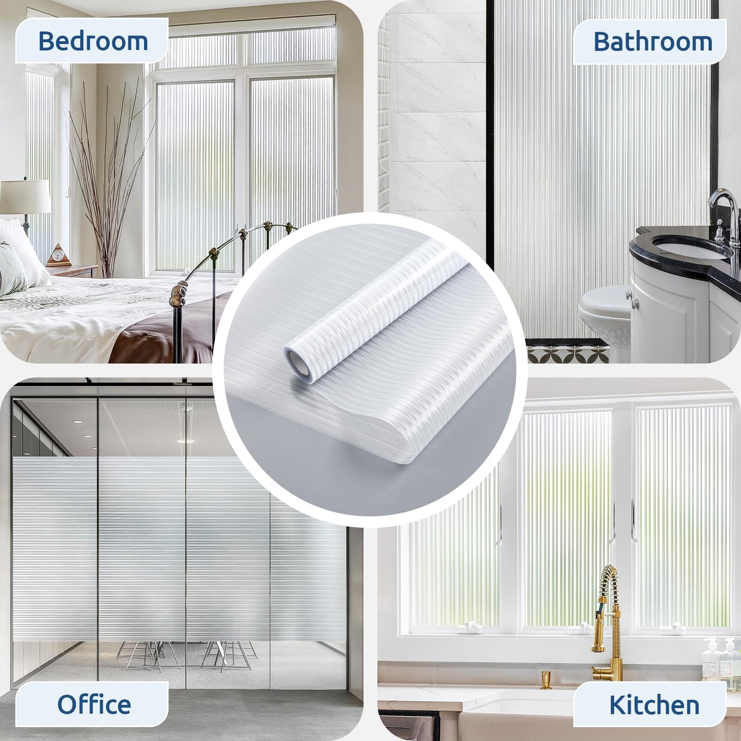 rabbitgoo Reeded Glass Window Privacy Film, Non Adhesive Frosted Glass Window Film, Static Cling, Removable, UV Heat Blocking, Anti-Glare, Decorative for Bathroom Living Room, 60 x 200cm